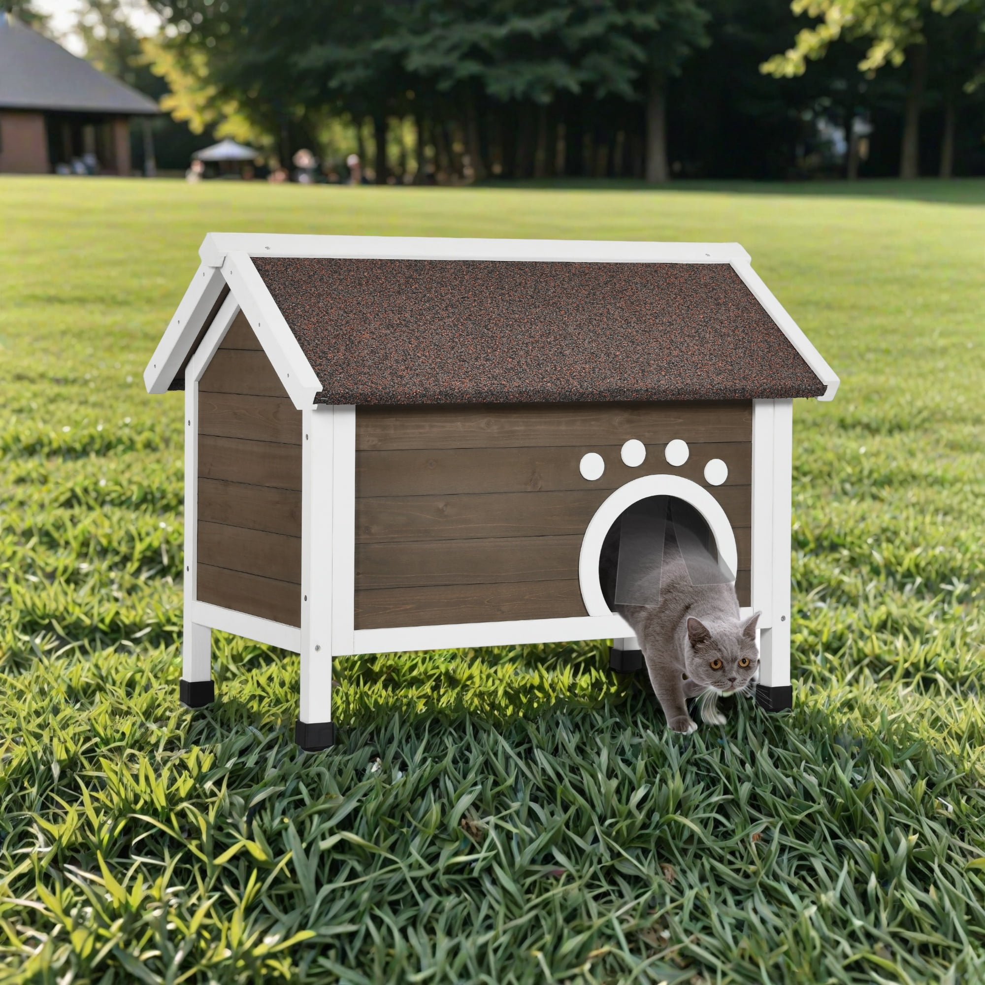 Uforic Outdoor Wood Cat House with Foam, Weatherproof Insulated Cat Shelter Enclosure, Brown