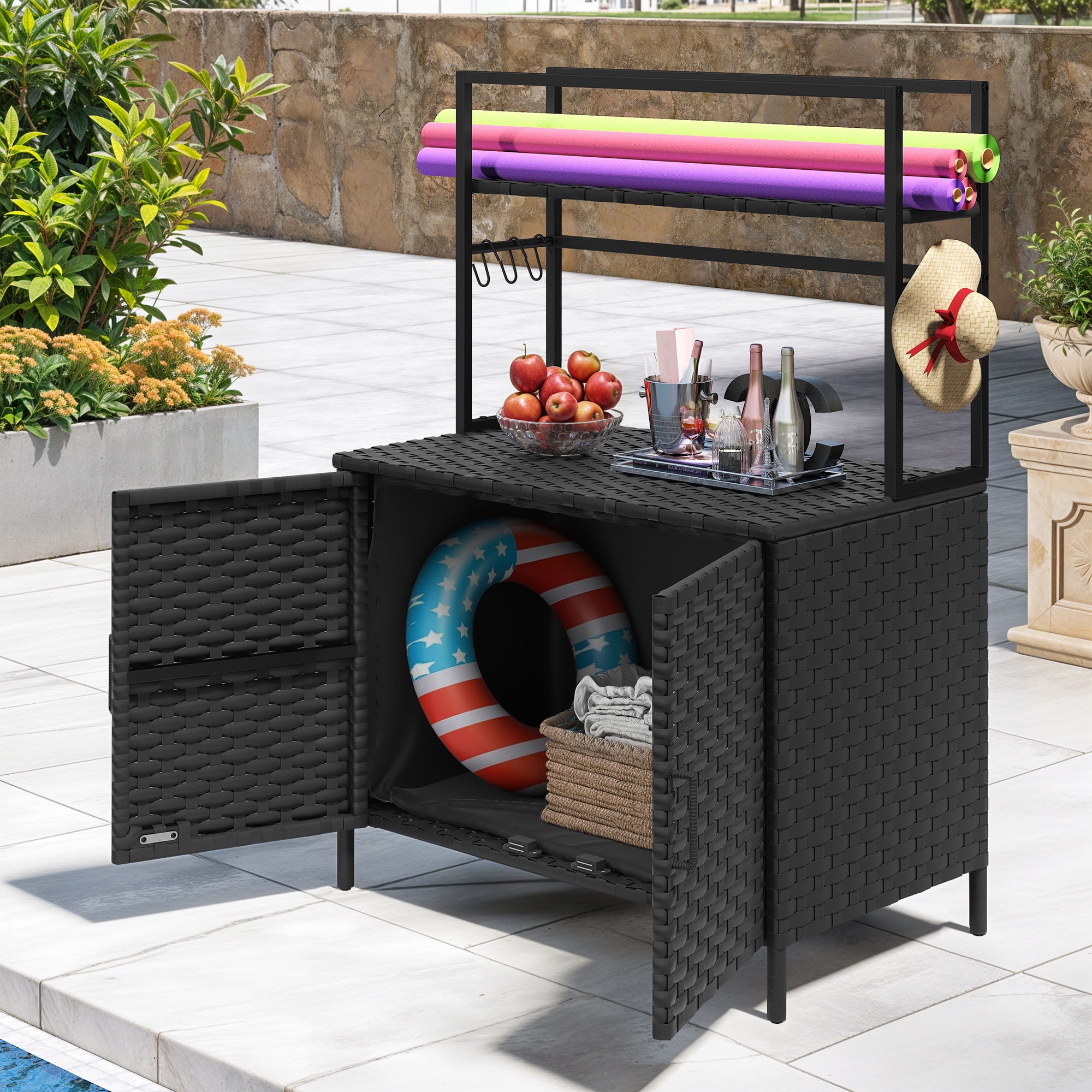 Uforic Outdoor Woven Resin Pool Storage Cabinet with 6 S-Hooks - Durable PE Rattan Multi-functional Garden Furniture (Black)