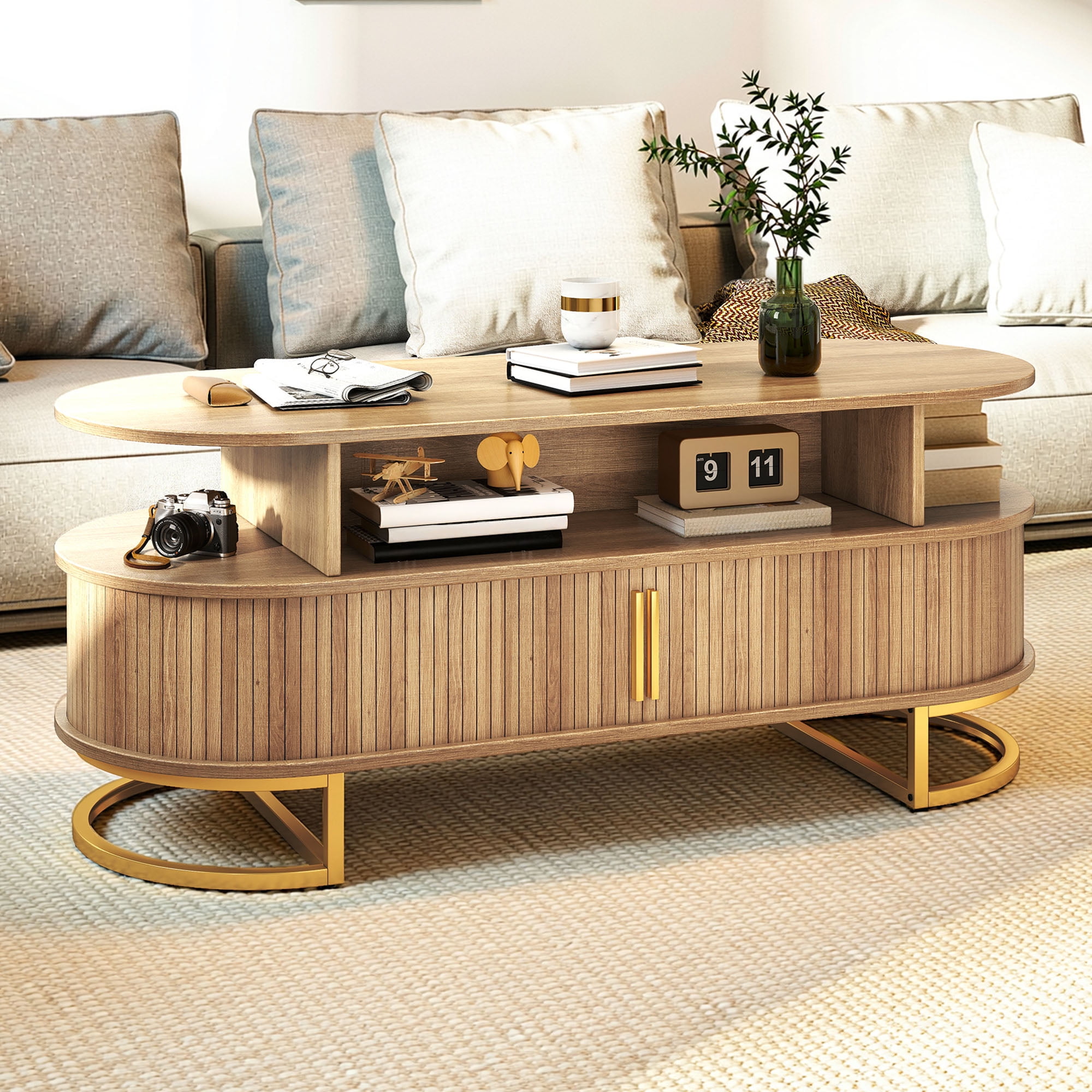 Uforic Oval Coffee Table with Storage & Fluted Sliding Doors for Living Room, Oak