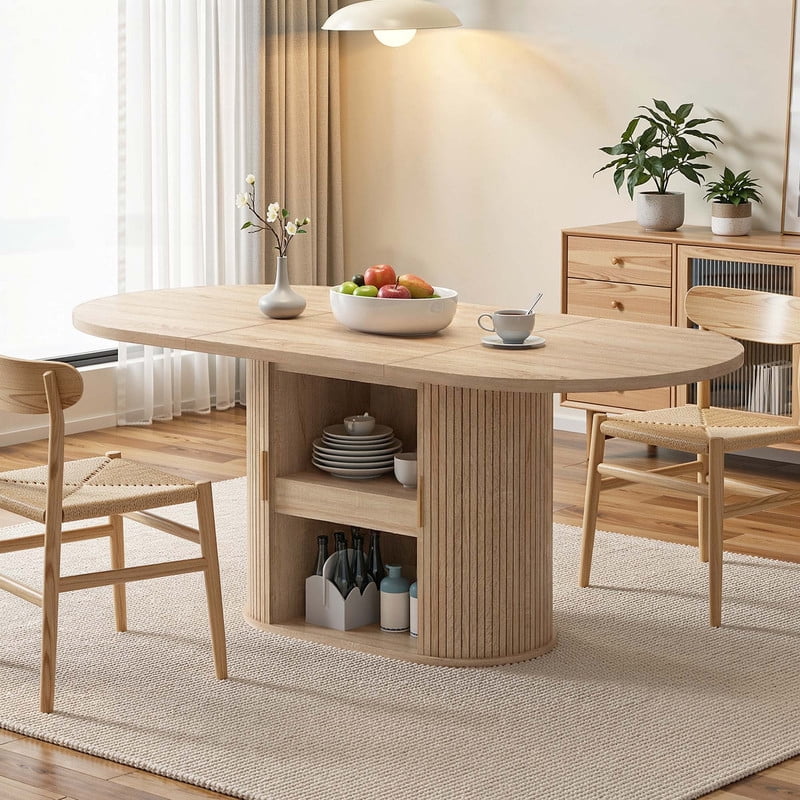 Uforic Oval Dining Table for 6-8 People, 70.9" Modern Kitchen Table with Fluted Base and Storage, Oak