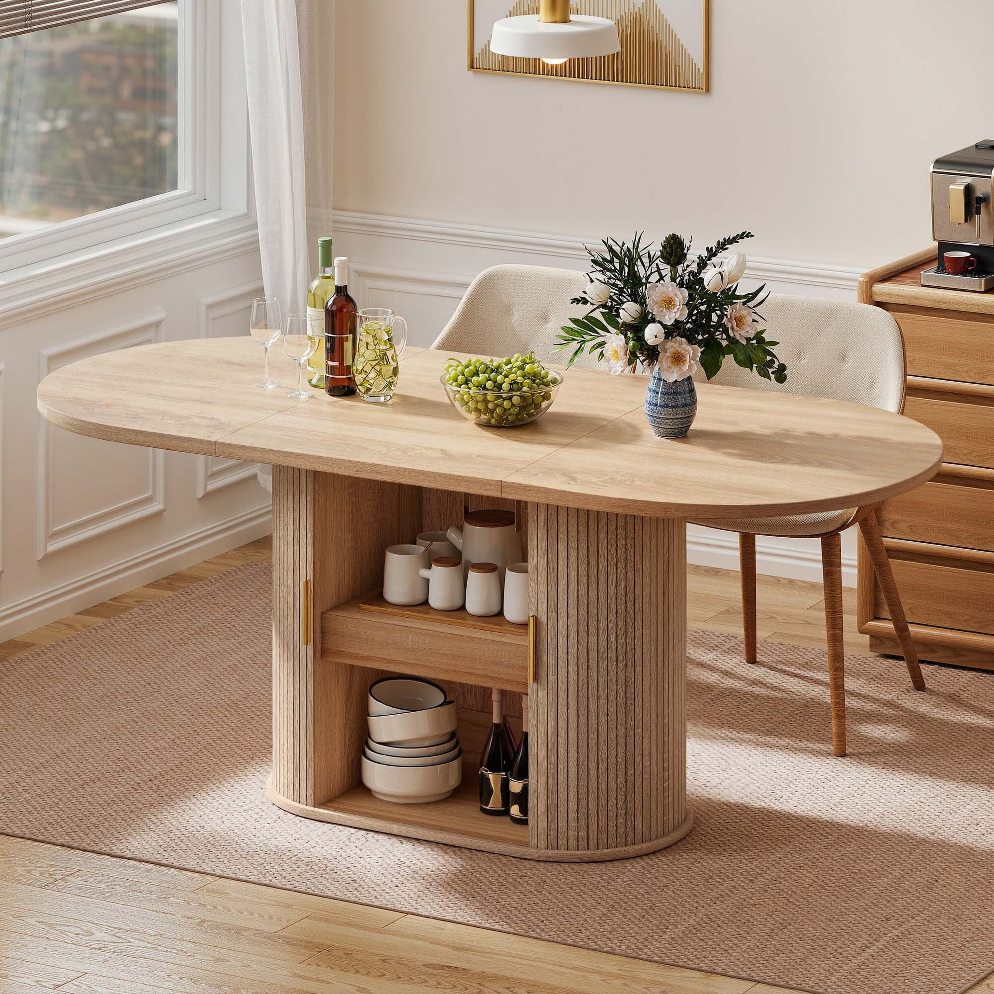 Uforic Oval Dining Table for 6-8 People, 70.9" Modern Kitchen Table with Fluted Base and Storage, Oak