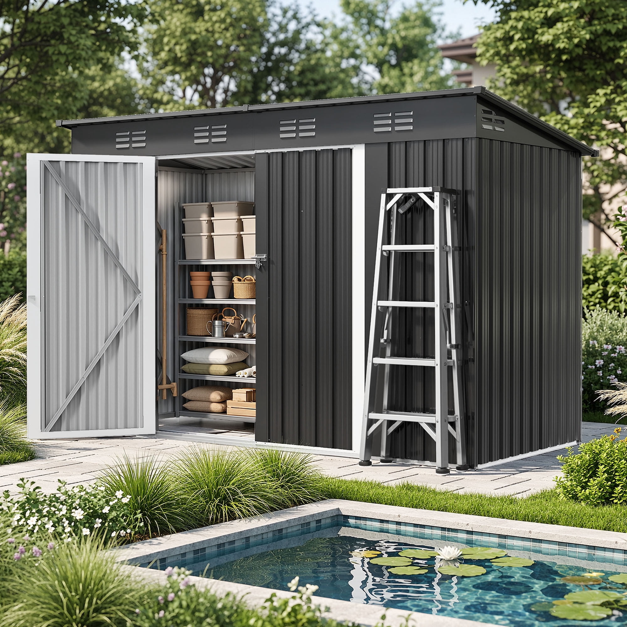 Uforic Oversized Outdoor Storage Shed with Window, Built-in Ventilation, Lockable Doors & Sloped Roof, Weather Resistant Steel Garden Tool Shed for Patio Lawn Backyard, Gray
