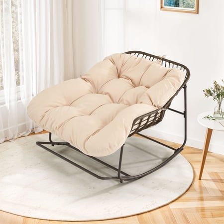 Uforic Oversized Papasan Rocking Chair, Indoor Outdoor Rocking Papasan Chair Steel Outdoor Rocker with Padded Cushion for Bedroom Living Room Patio Garden Porch Backyard Lawn Deck Balcony, Beige