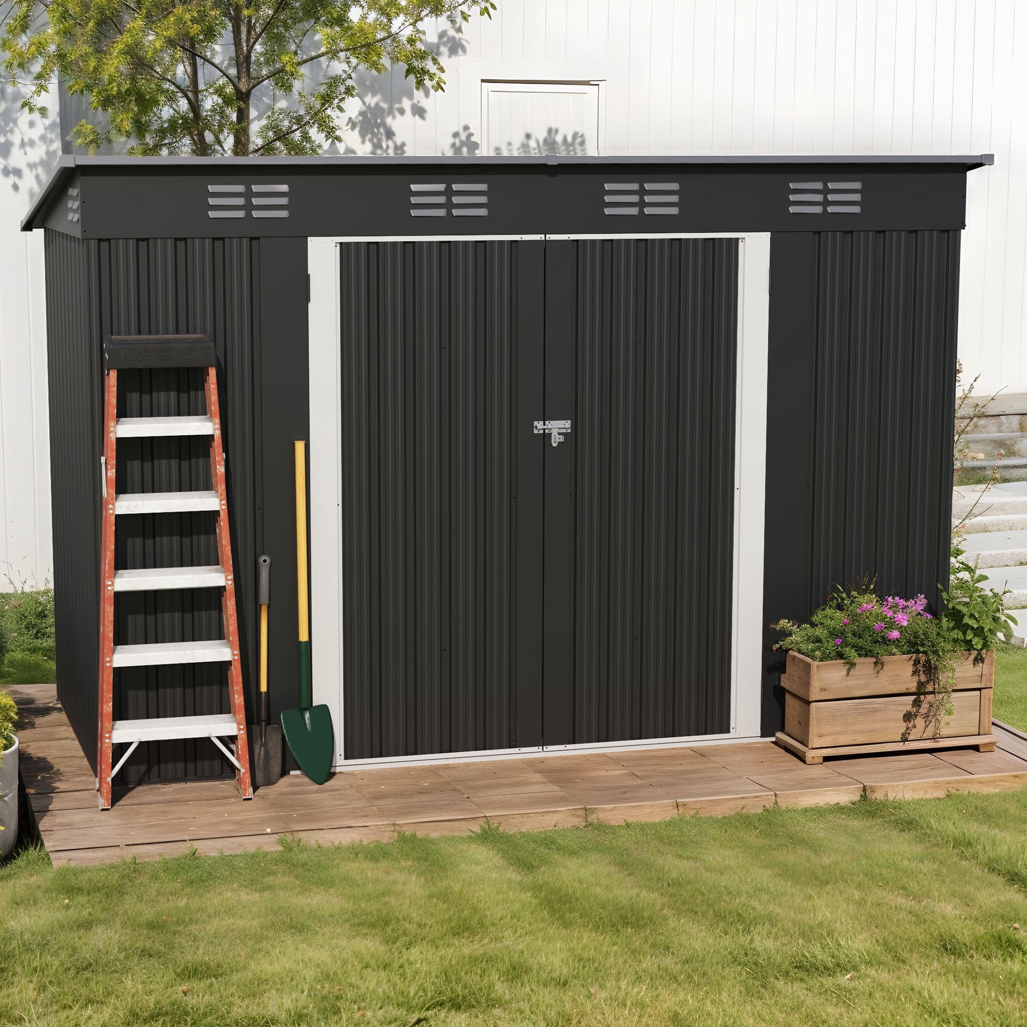 Uforic Oversized Steel Storage Shed with Ventilation, Lockable Doors, and Sloped Roof for Outdoor, Dark Gray