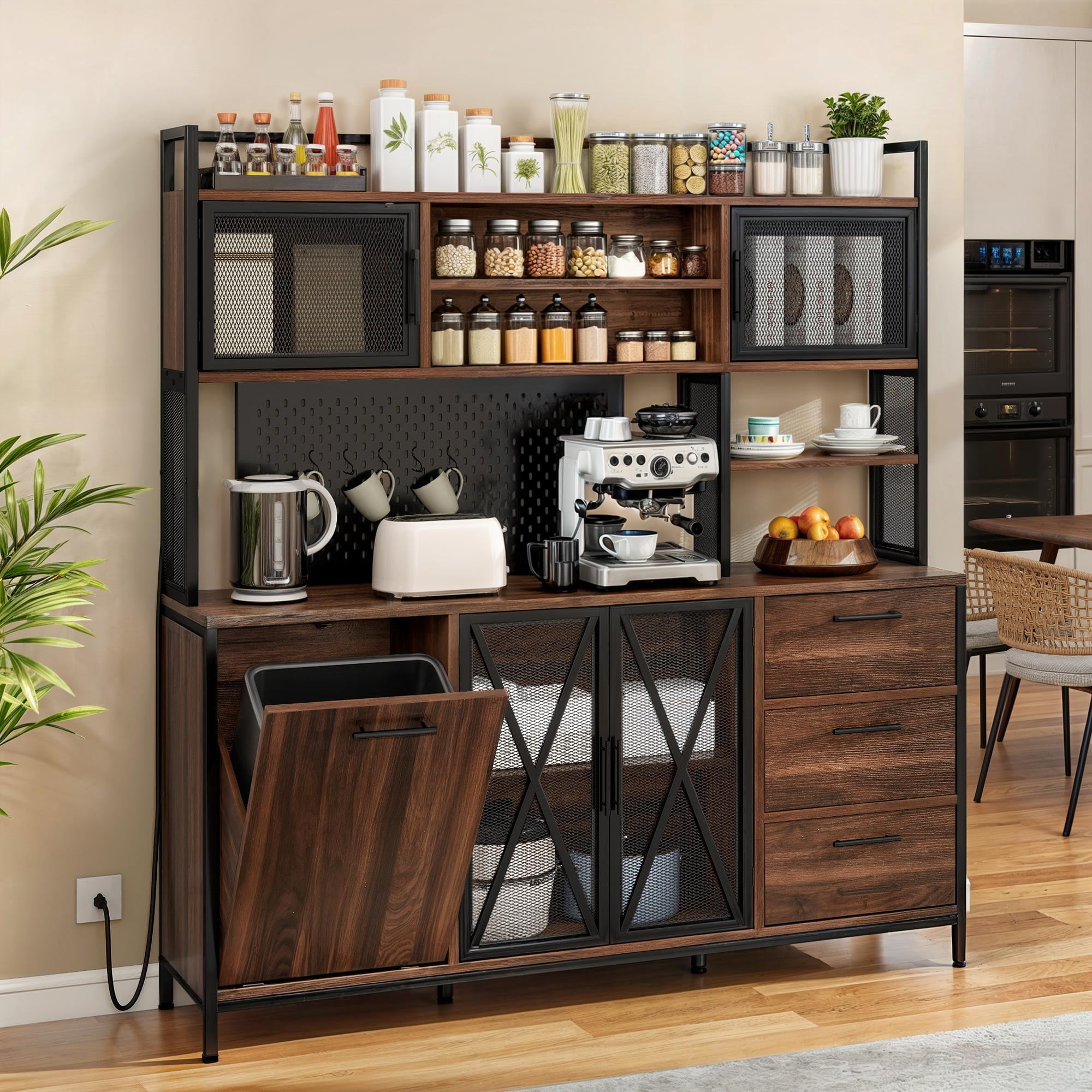 Uforic Pantry Cabinet with Power Outlets, Kitchen Buffet Hutch with Drawers and Storage Shelves, Brown
