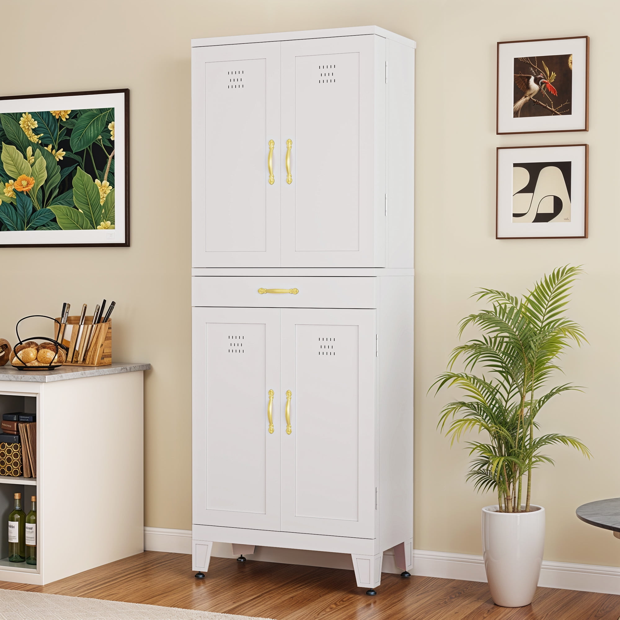 Uforic Pantry Storage Cabinet with Adjustable Shelves, Metal Kitchen Cabinet with Drawer, White