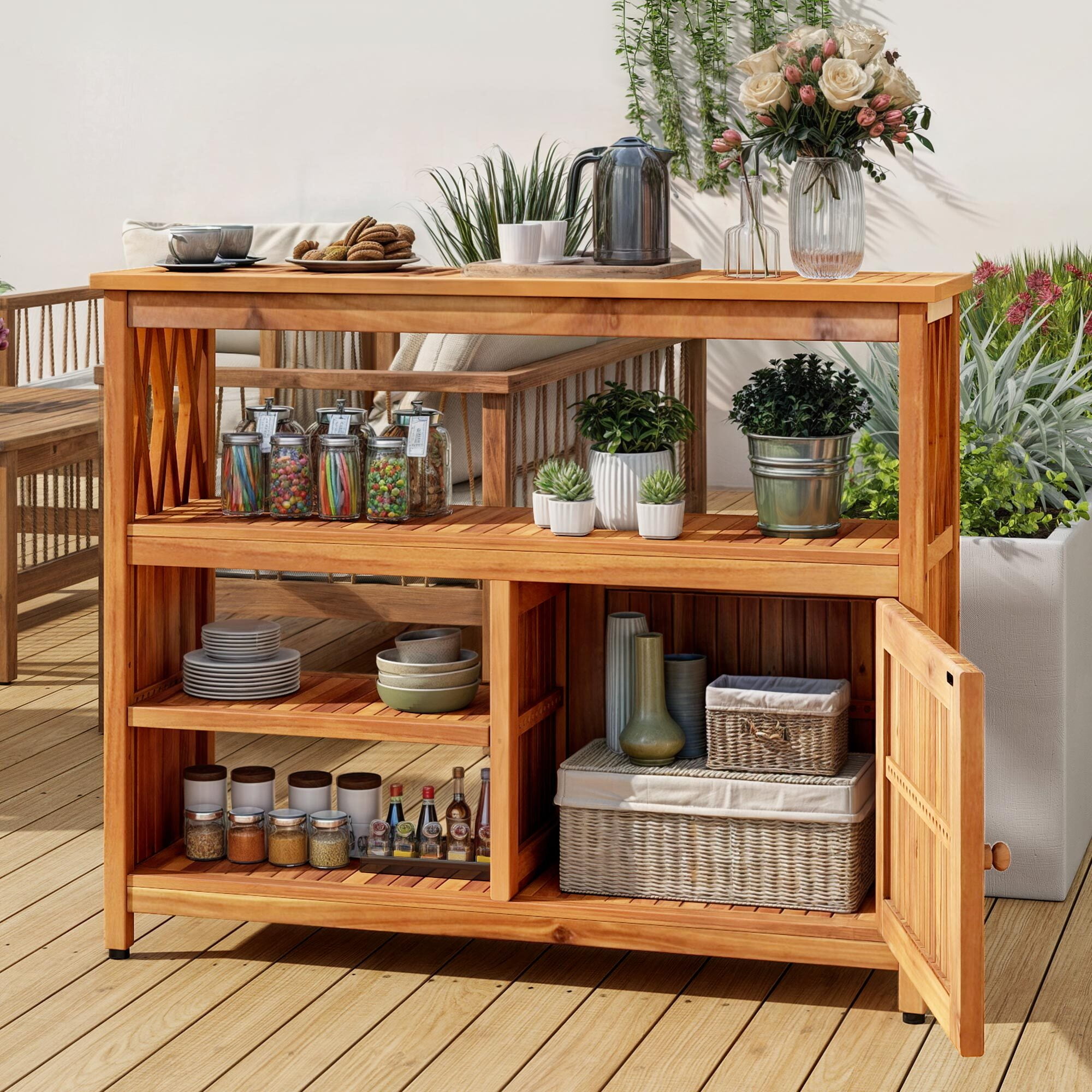 Uforic Patio Buffet Sideboard Cabinet with Doors & Shelves, 4-Tier Wood Storage Cabinet for Outdoor & Indoor, Natural