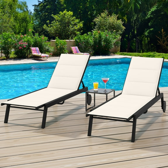 Uforic Patio Chaise Lounge Set of 3, Aluminum Outdoor Lounge Chairs with Side Table, Padded Fabric, and Wheels