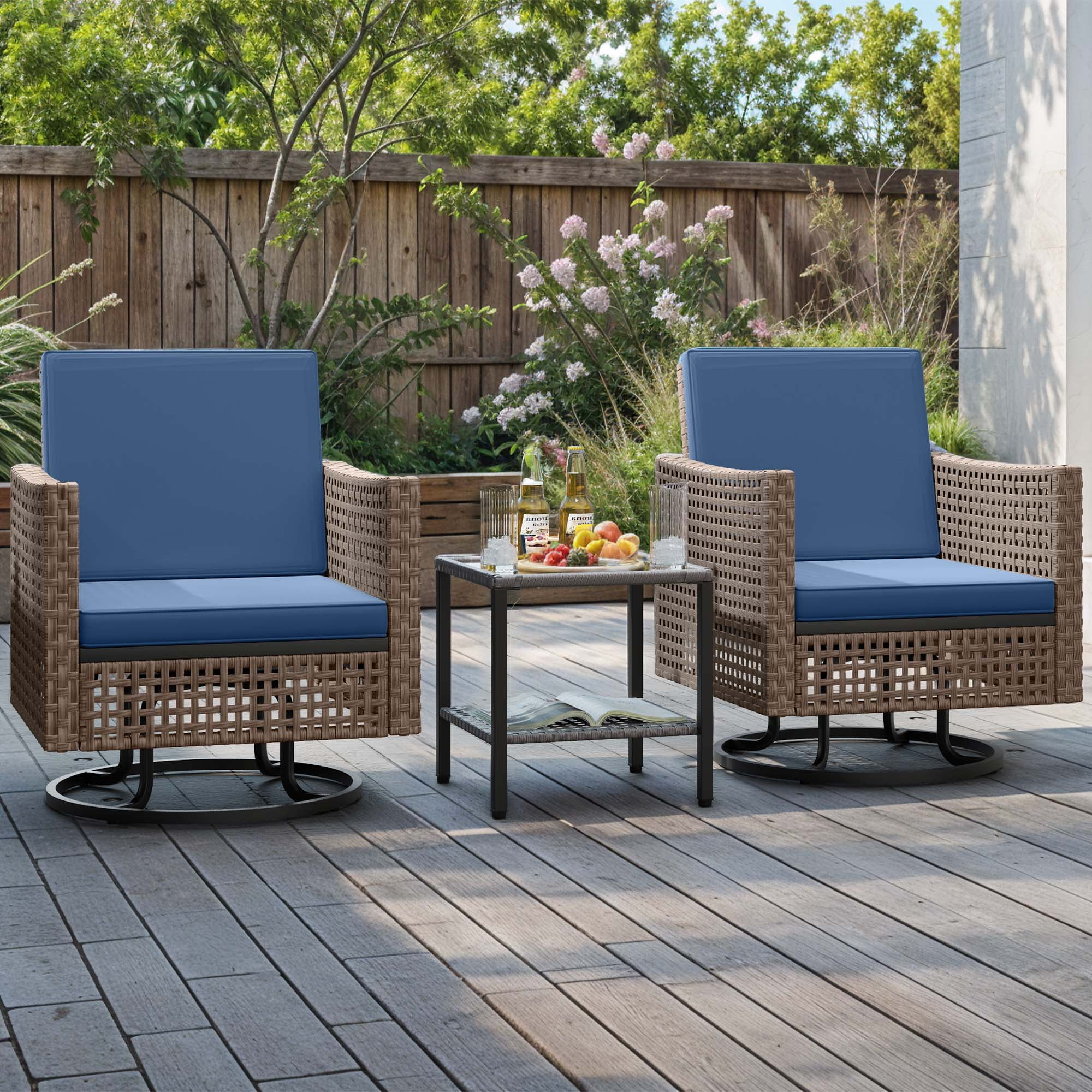 Uforic Patio Swivel Chairs, Outdoor Wicker Swivel Glider Rocking Chairs with Coffee Table and Thick Cushions for Porch Deck - Set of 3, Blue