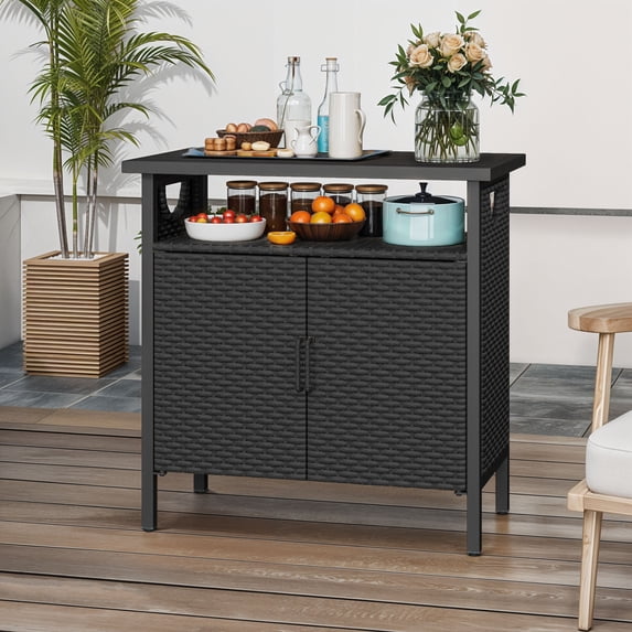 Uforic Patio Wicker Bar Table, Outdoor Wicker Storage Cabinet, Bar Counter Table, Deck Box - Black