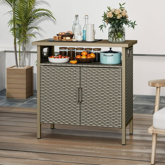 Uforic Patio Wicker Bar Table, Outdoor Wicker Storage Cabinet, Bar Counter Table, Deck Box - Brown