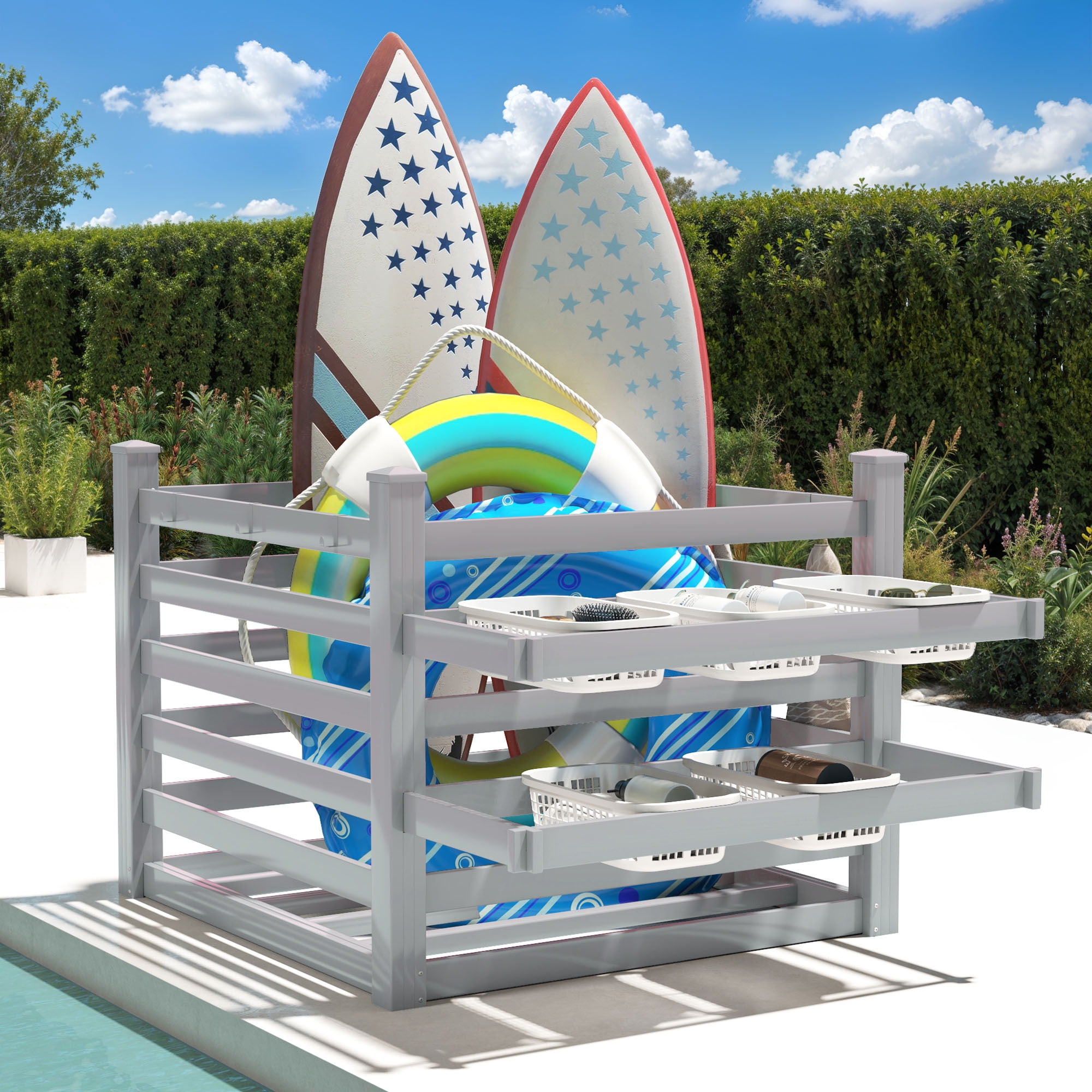 Uforic Pool Storage Bin Gray 64"x46"x38" Resin Deck Box with 6 Movable Hooks for Poolside Towels Goggles and Accessories