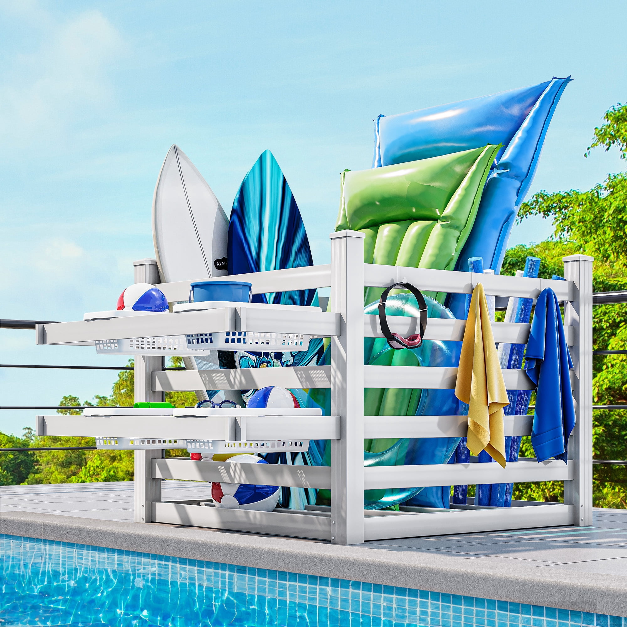 Uforic Pool Storage Bin White 64"x46"x38" Resin Deck Box with 6 Movable Hooks for Poolside Towels Goggles and Accessories