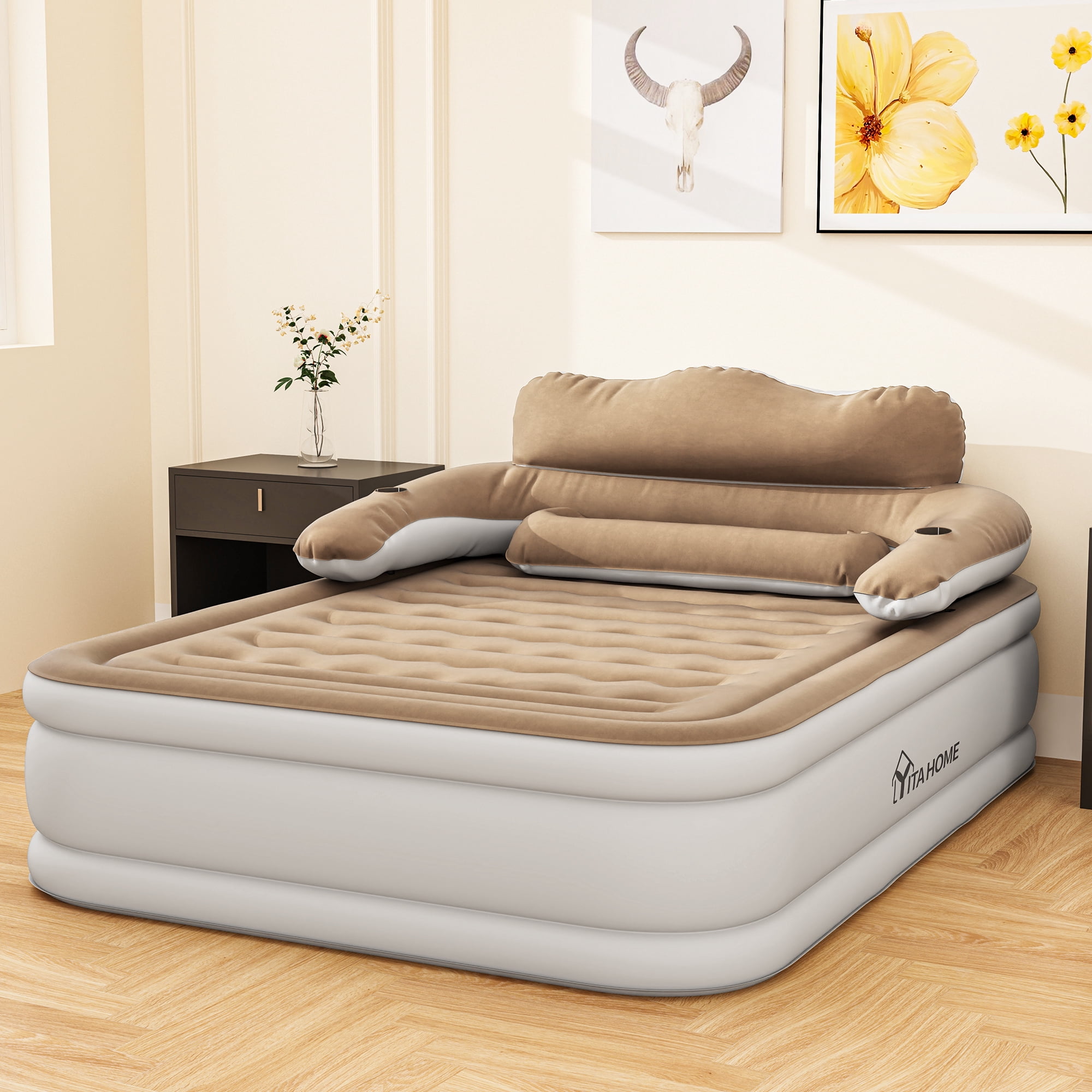 Uforic Queen Air Bed featuring Headboard, 18in Inflatable Mattress with Pillow, Portable Electric Pump, Brown - Ideal Queen Air Mattress for Camping & Home Use