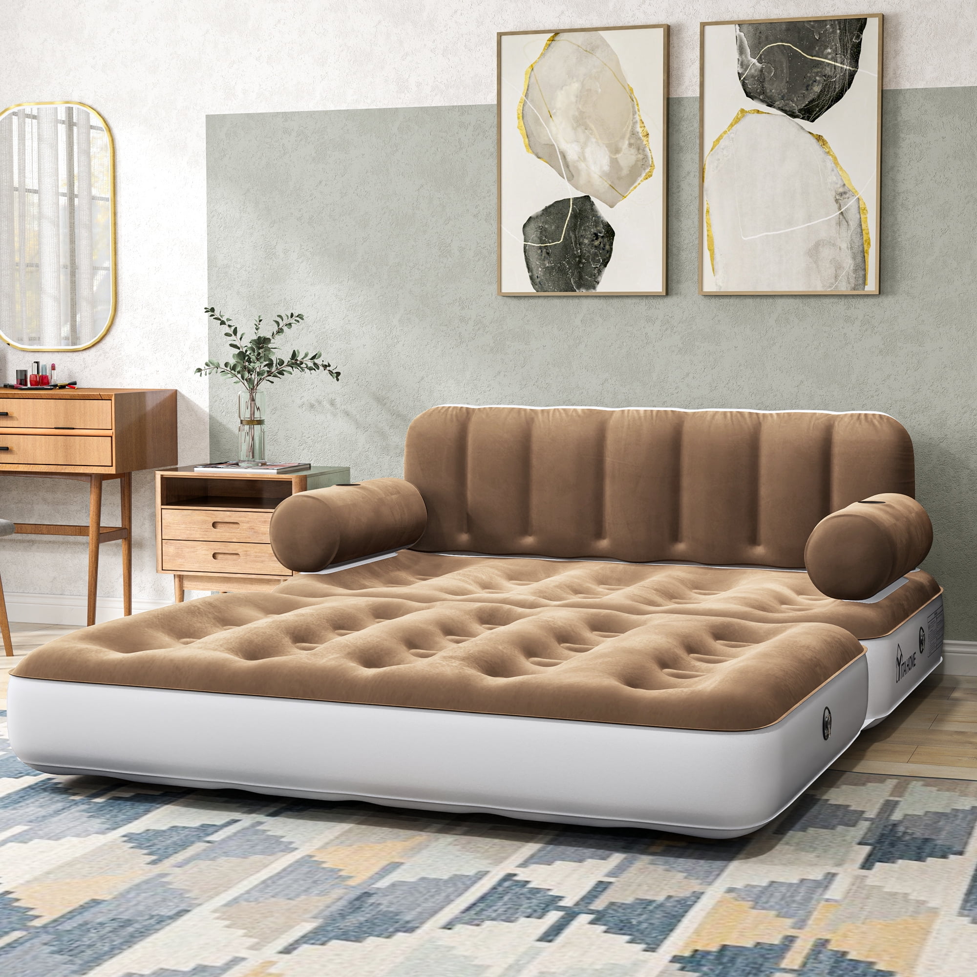 Uforic Queen Air Sofa Bed Mattress with Headboard & Pump for Home Camping Guests, Khaki