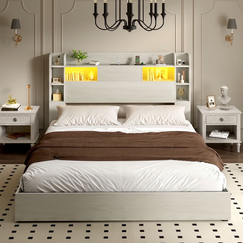 Uforic Queen Bed Frame With Bookcase Headboard & LED Lights, Storage Bed with Power Outlets & 4 Drawers, White