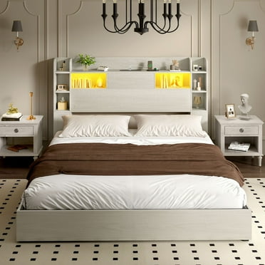 Uforic Queen Bed Frame With Bookcase Headboard & LED Lights, Storage Bed with Power Outlets & 4 Drawers, Rustic Brown