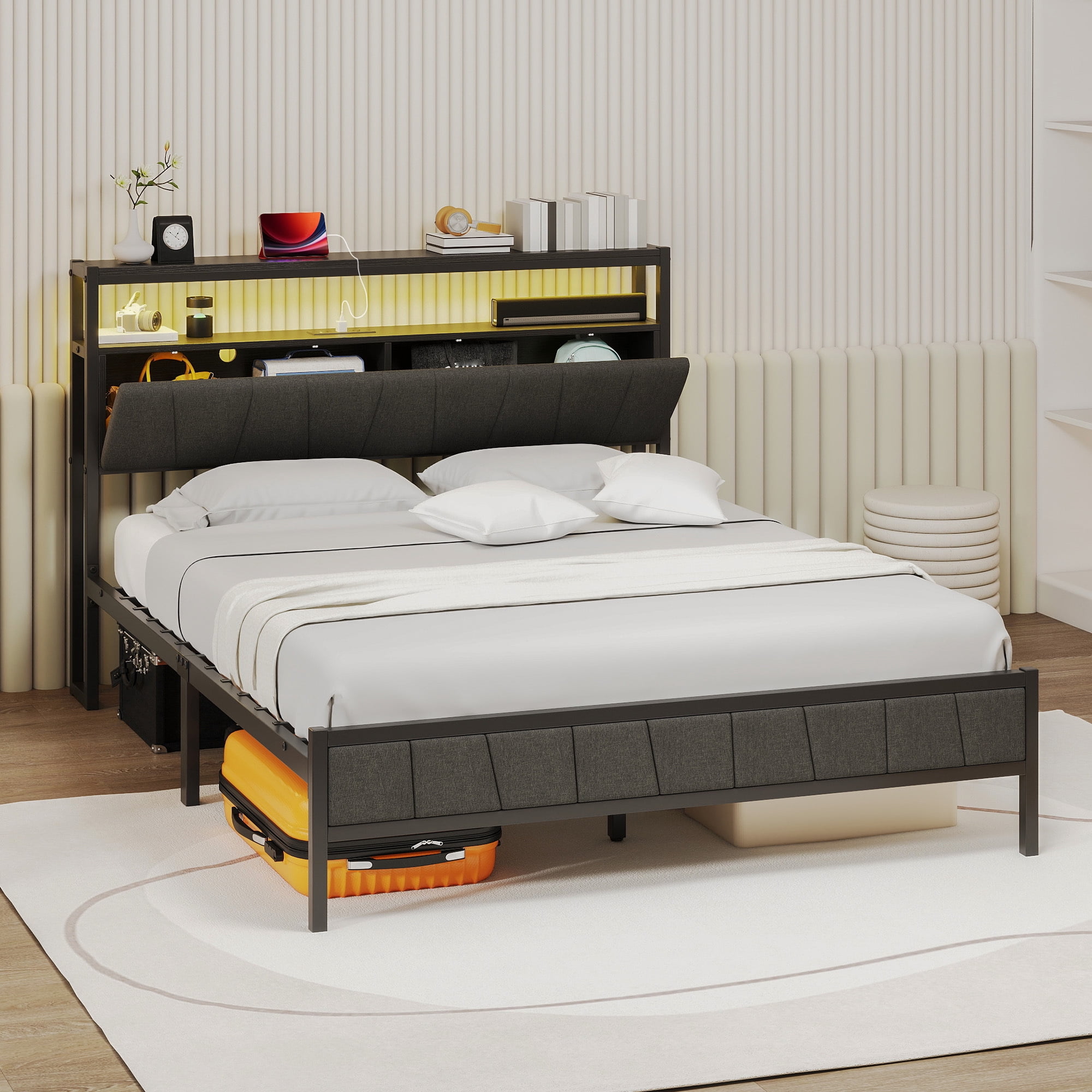 Uforic Queen Bed Frame with LED Lights, Power Hub, and Storage Headboard, No Box Spring Needed, Gray