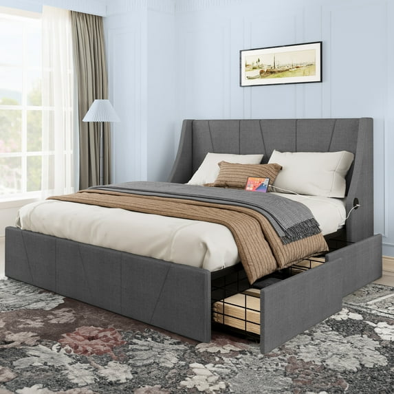 Uforic Queen Bed, Storage Drawers & Padded Headrest, USB & Type-C Outlets, Box Spring Unnecessary, Suitable for Adults, Gray