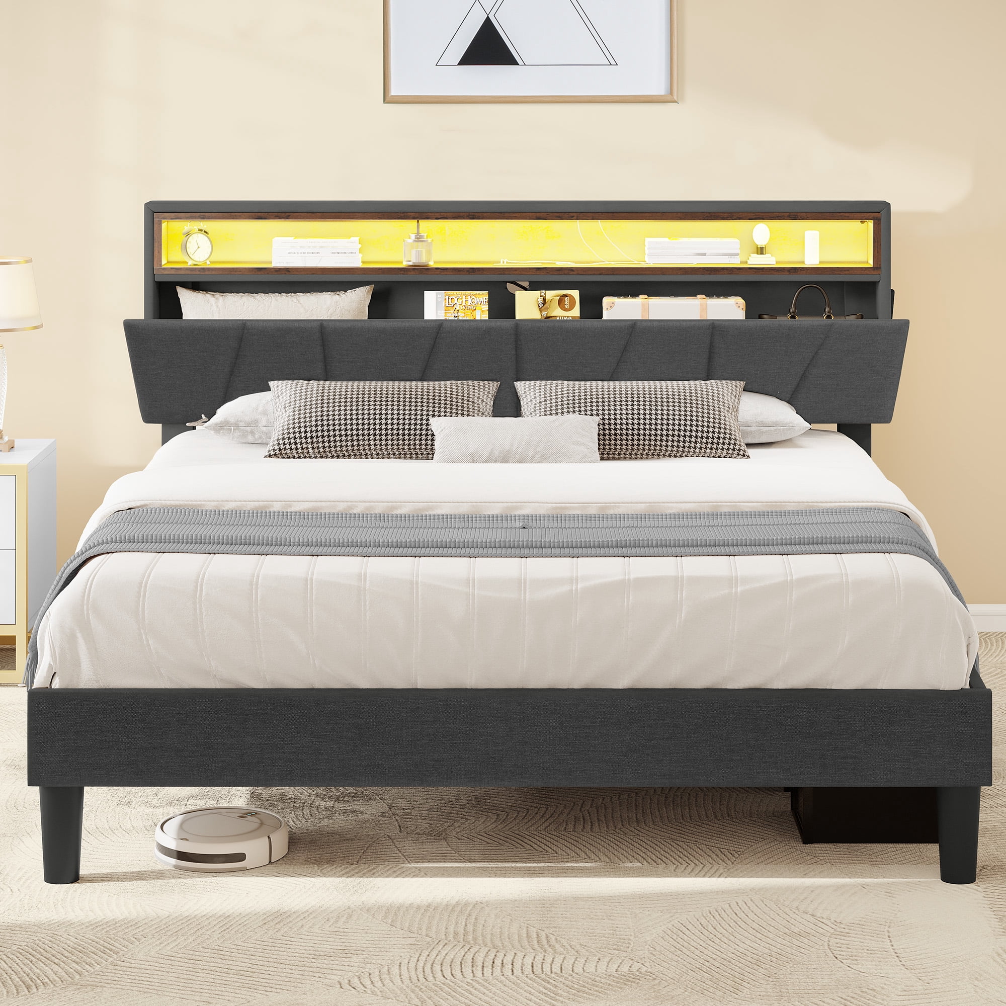 Uforic Queen  LED Lighted Bed with Headboard and Charging Station & Storage, Gray