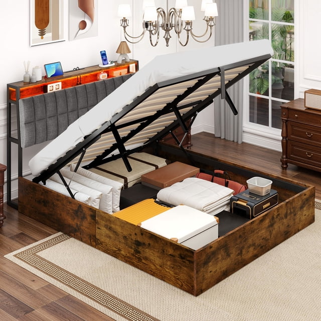 Uforic Queen Lift up Bed Frame, LED Upholstered Storage Bed Frame with ...