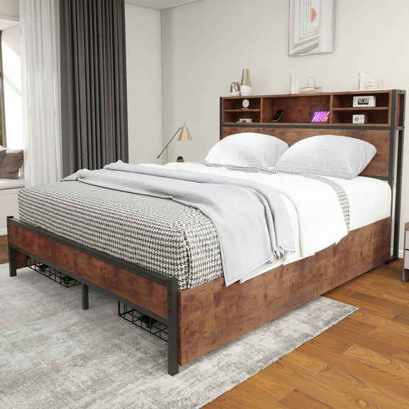 Uforic Queen Metal Platform Bed Frame, 4 Storage Drawers & Charging Station, No Box Spring Required, Quick Assembly, Brown