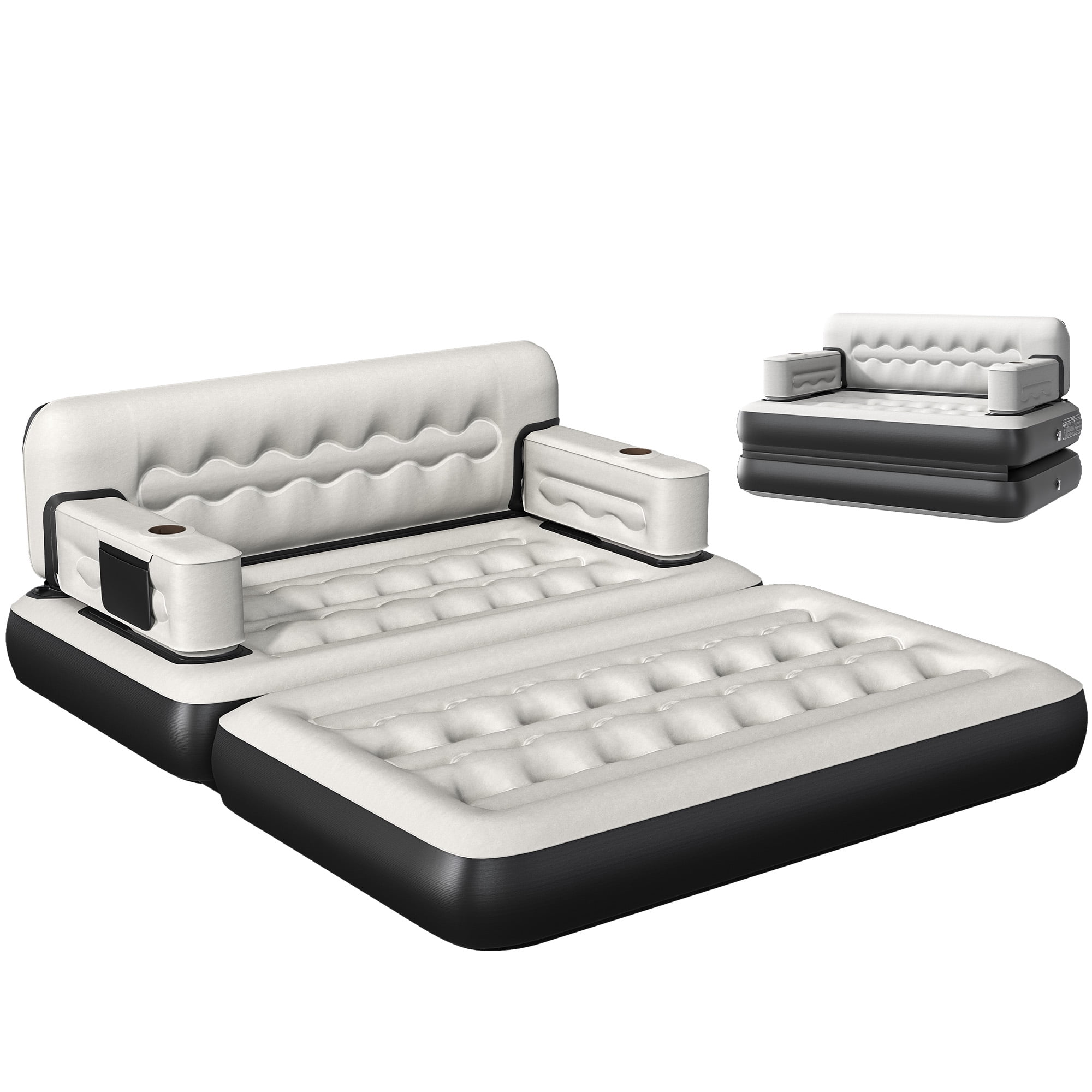 Uforic Queen Size 2-in-1 Convertible Air Sofa Bed with Wave Headboard, Pump, Cup Holders & Storage Pocket for Guest Camping, Gray