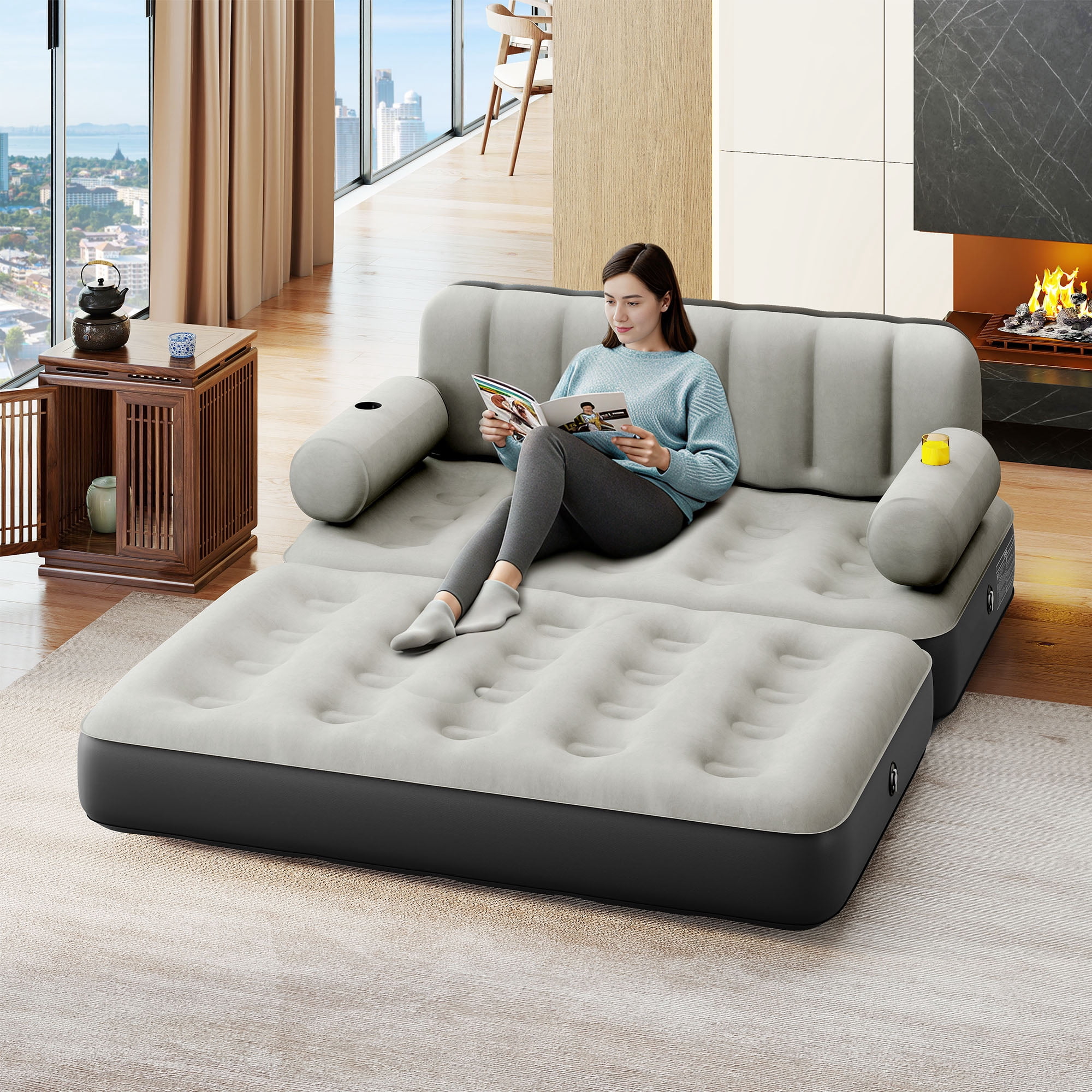Uforic Queen Size Air Mattress with Built-in Air Pump, Black Bed Skirt and Gray Top Including Repair Kit and Storage Bag, Supports Inflation/Deflation