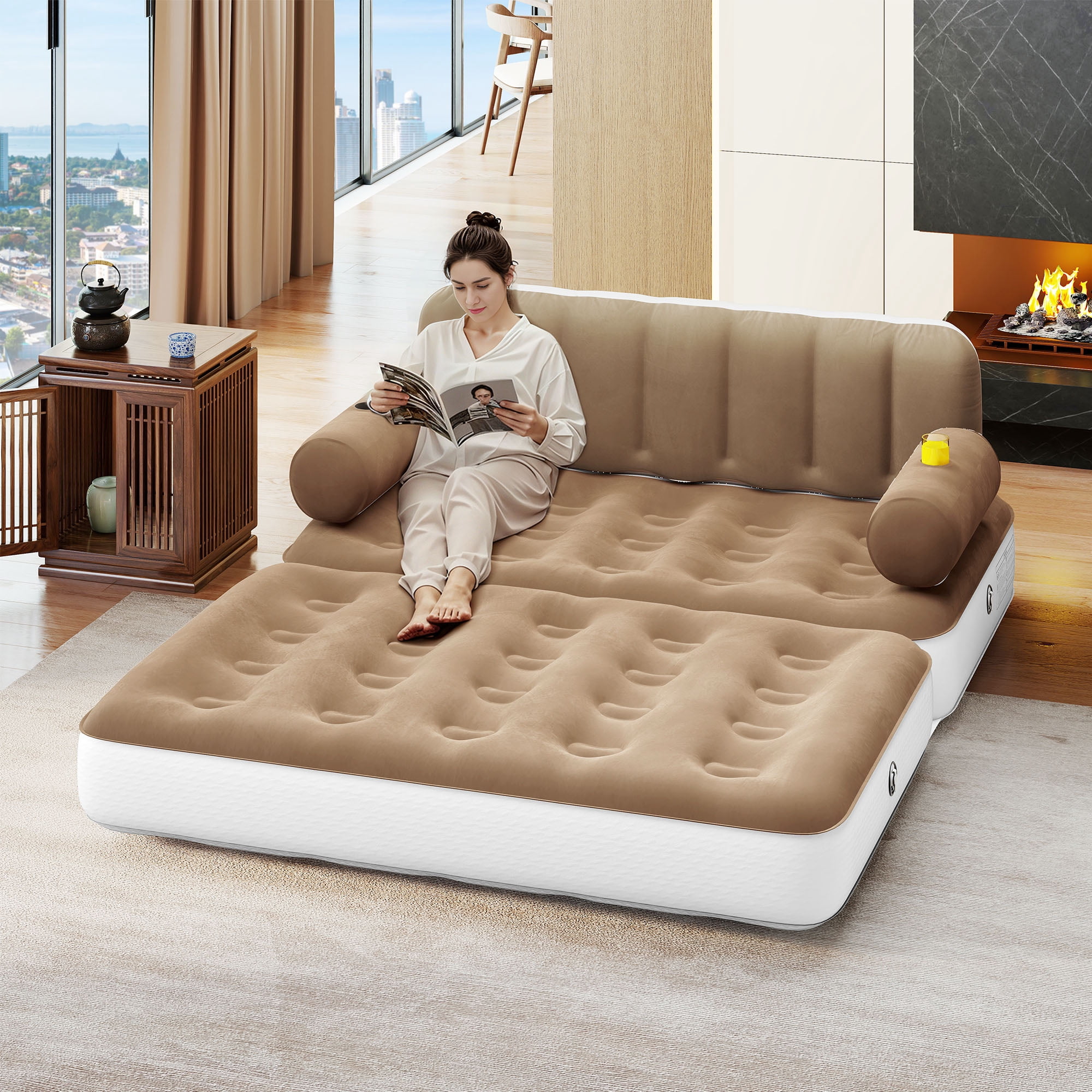Uforic Queen Size Air Mattress with Built-in Air Pump, Brown Bed Skirt and Gray Top Including Repair Kit and Storage Bag, Supports Inflation/Deflation