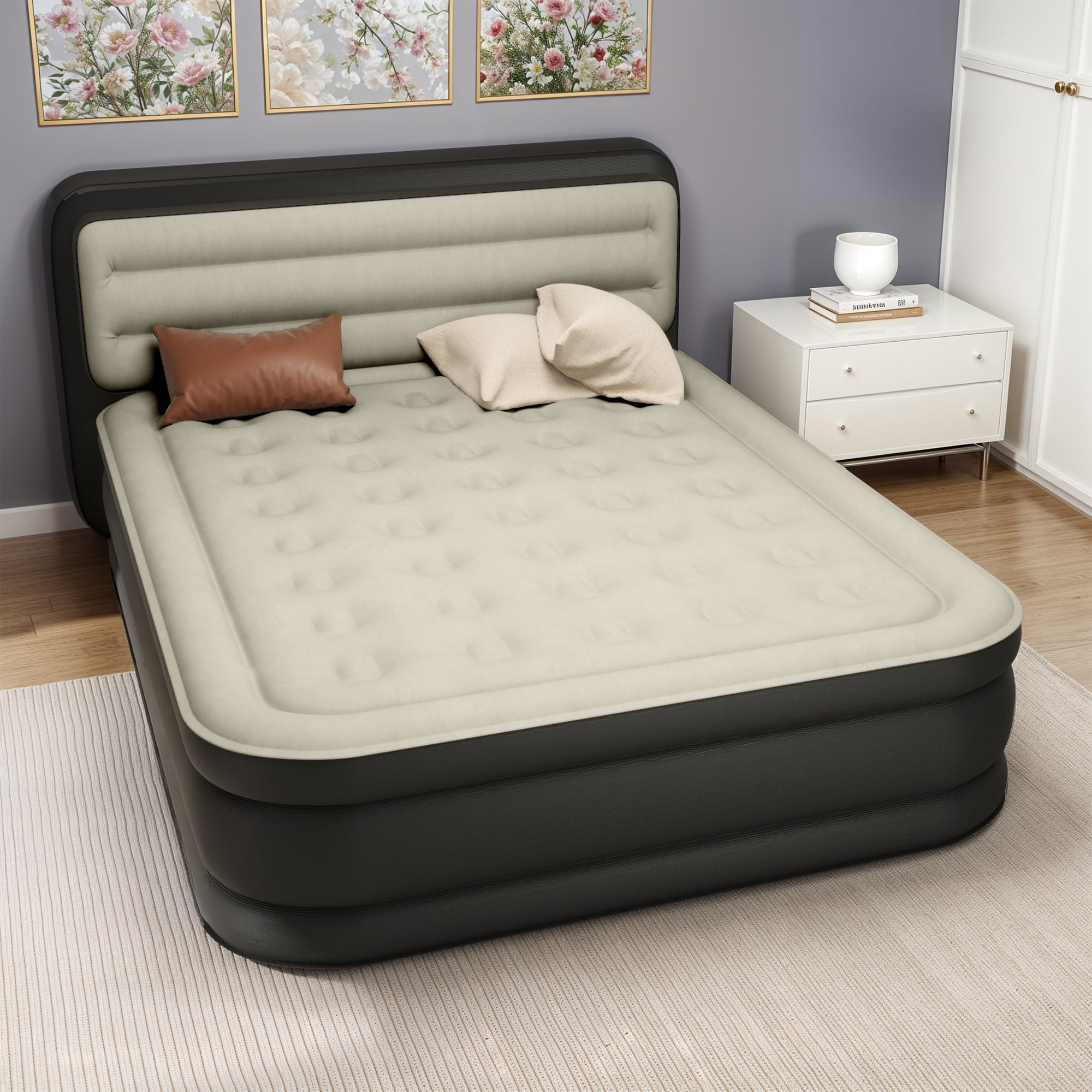 Uforic Queen Size Air Mattress with Built-in Headboard and Inflation Pump, 18in Deluxe Flocked Top Air Mattress, Sturdy Blow-Up Bed for Home & Visitors, Black