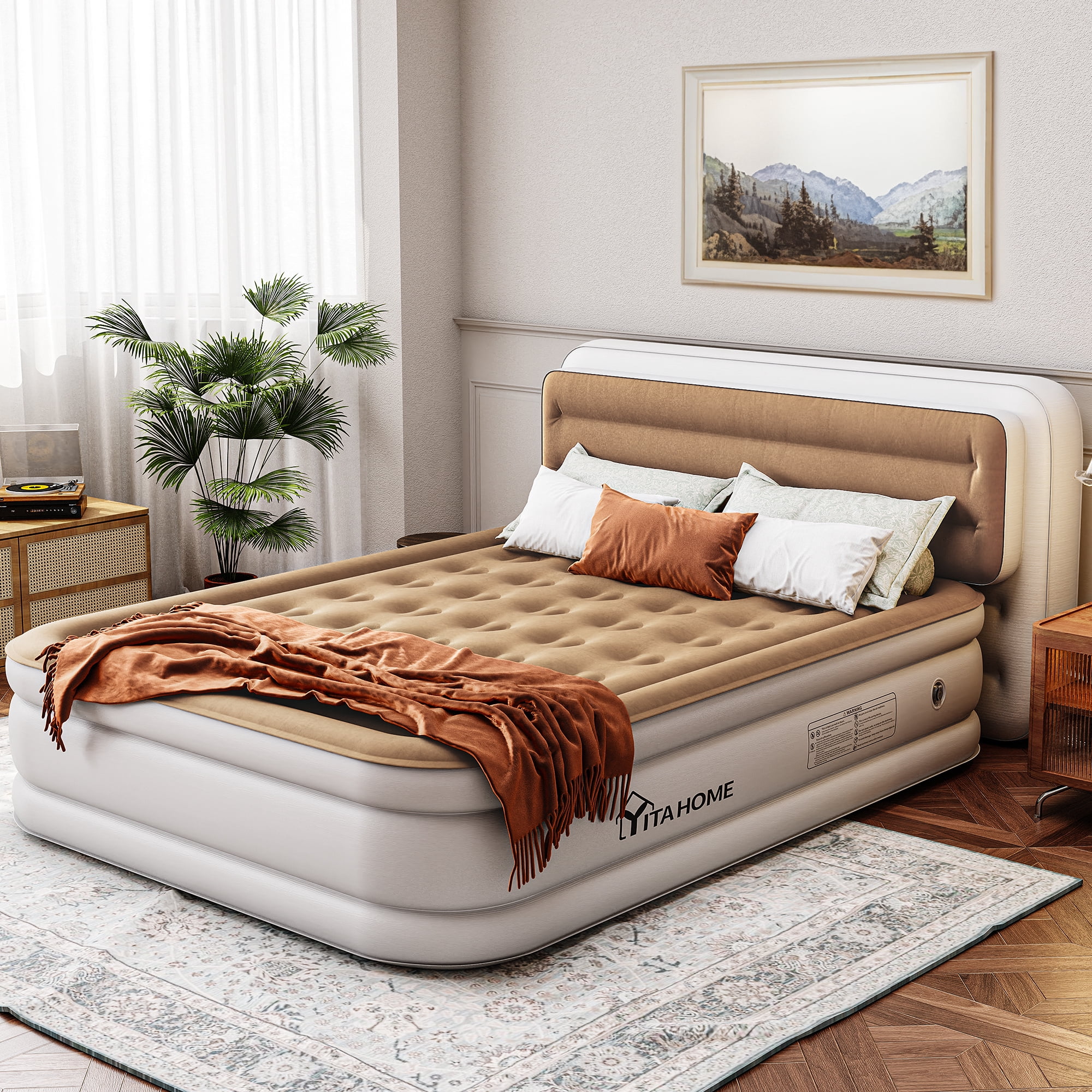 Uforic Queen Size Air Mattress with Pump and Banded Headboard, 18in Luxury Flocked Top Blow up Mattress, Durable Inflatable Mattress for Home & Guests, Khaki Air Bed