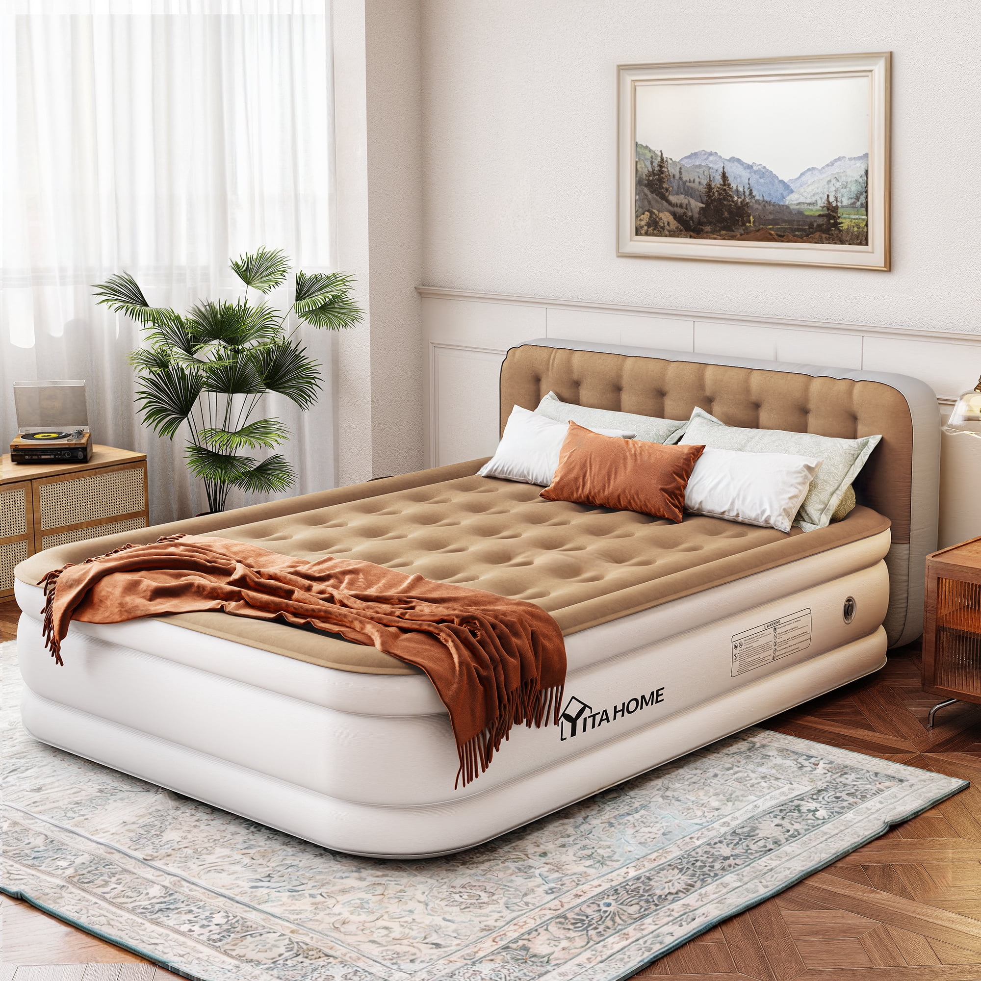 Uforic Queen Size Air Mattress with Pump and Headboard, 18in Luxury Flocked Top Blow up Mattress, Durable Inflatable Mattress for Home & Guest, Brown AirBed