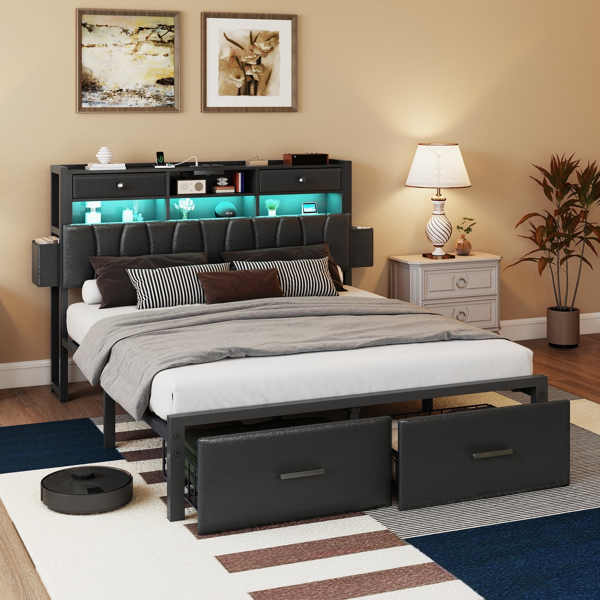 Uforic Queen Size Bed Frame with 2 Storage Drawers & Charging Station, PU Leather Upholstered Bed with Storage Headboard, LED Light, Heavy Duty Metal Support, Noise Free, No Box Spring Needed, Black