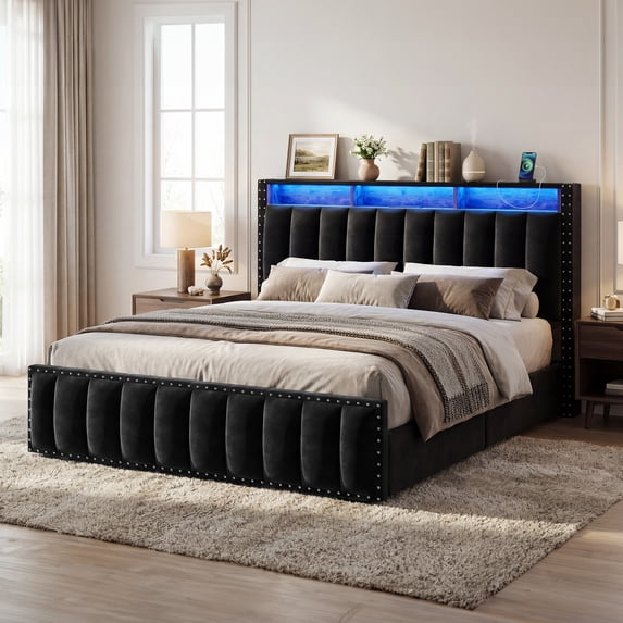 Uforic Queen Size Bed Frame with 4 Storage Drawers & RGB LED Lights, Velvet Upholstered Platform Bed with Charging Station & Bookcase Headboard, No Box Spring Needed, Easy Assembly, Black