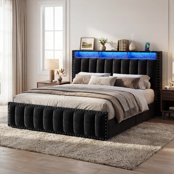 Uforic Queen Size Bed Frame with 4 Storage Drawers & RGB LED Lights, Velvet Upholstered Platform Bed with Charging Station & Bookcase Headboard, No Box Spring Needed, Easy Assembly, Black