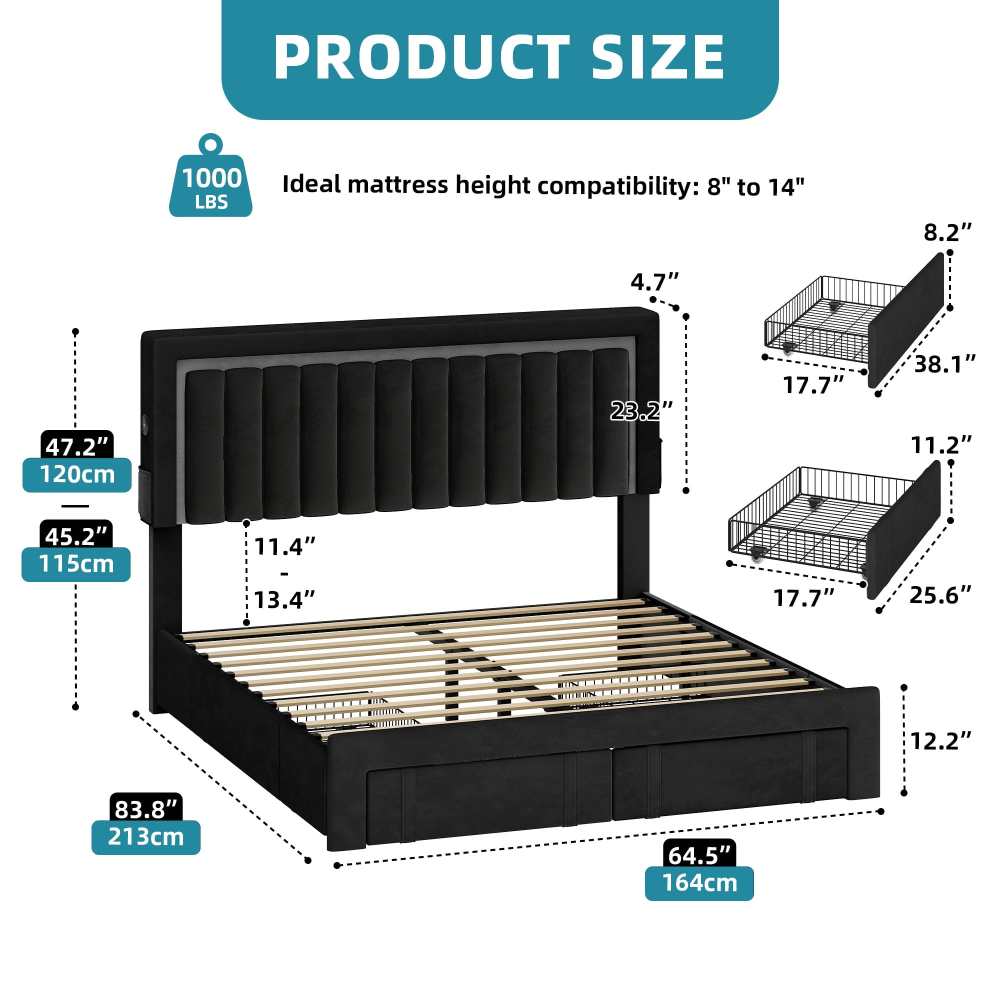 Uforic Queen Size Bed Frame with 4 Storage Drawers & RGB LED Lights, No Box Spring Needed, Fast Assembly, Noise-Free, Black