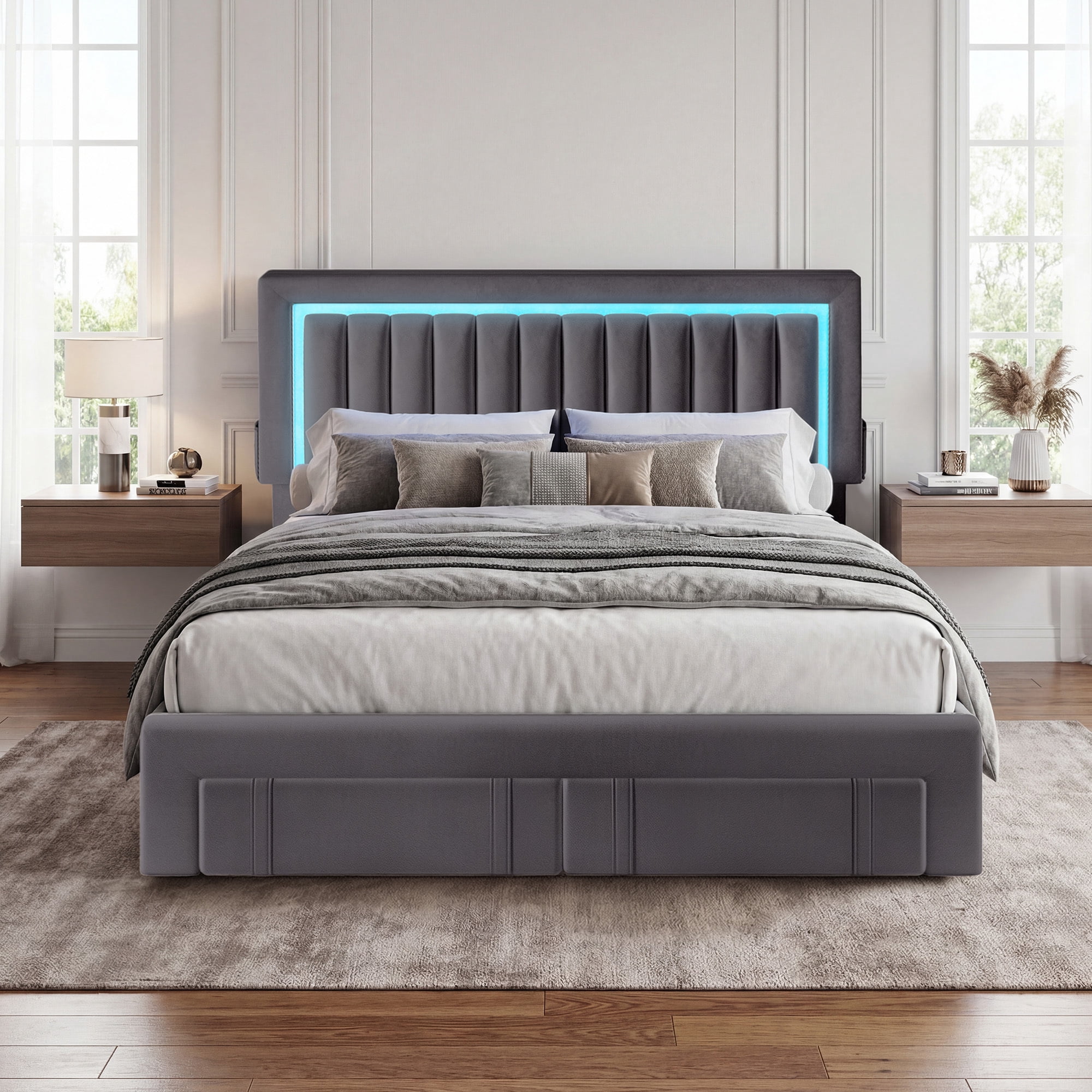 Uforic Queen Size Bed Frame with Adjustable Headboard, 4 Storage Drawers & RGB LED Lights, No Box Spring Needed, Fast Assembly, Noise-Free, Grey