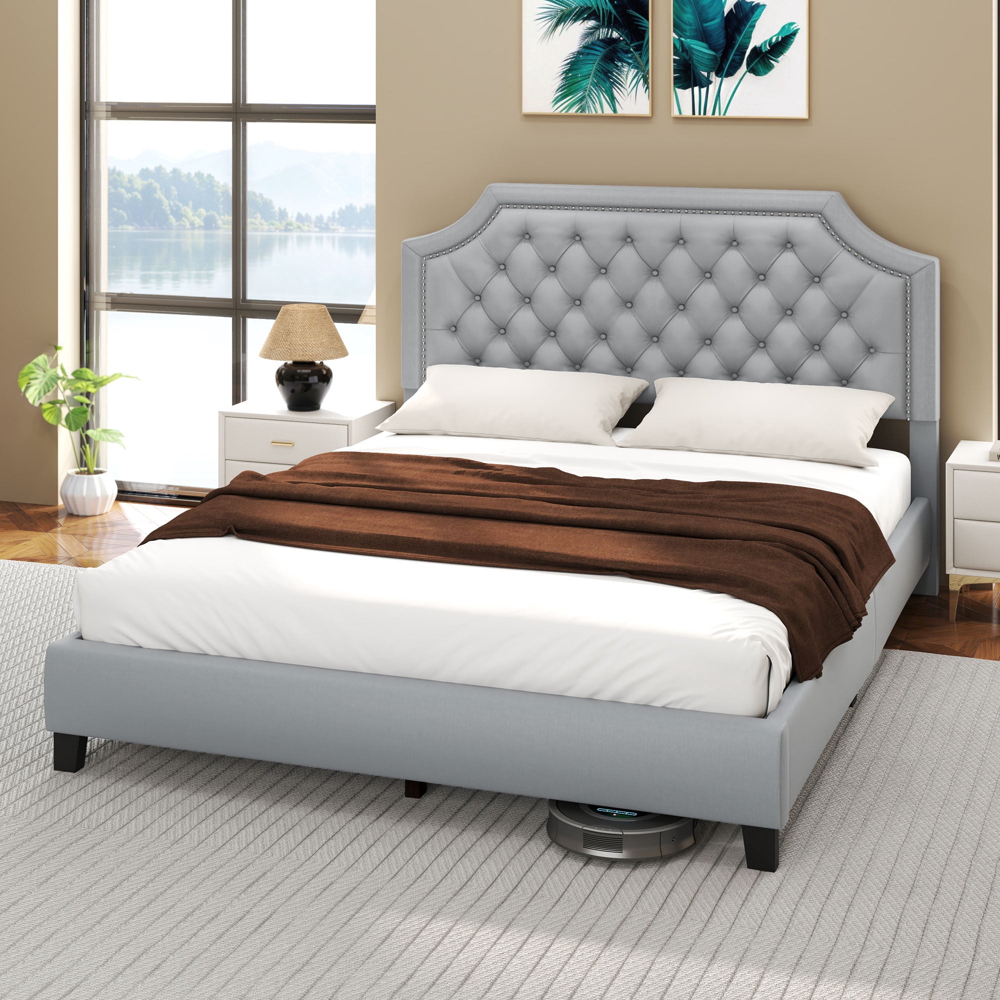 Uforic Queen Size Bed Frame with Adjustable Headboard, Upholstered Tufted Platform Bed Frame, Gray