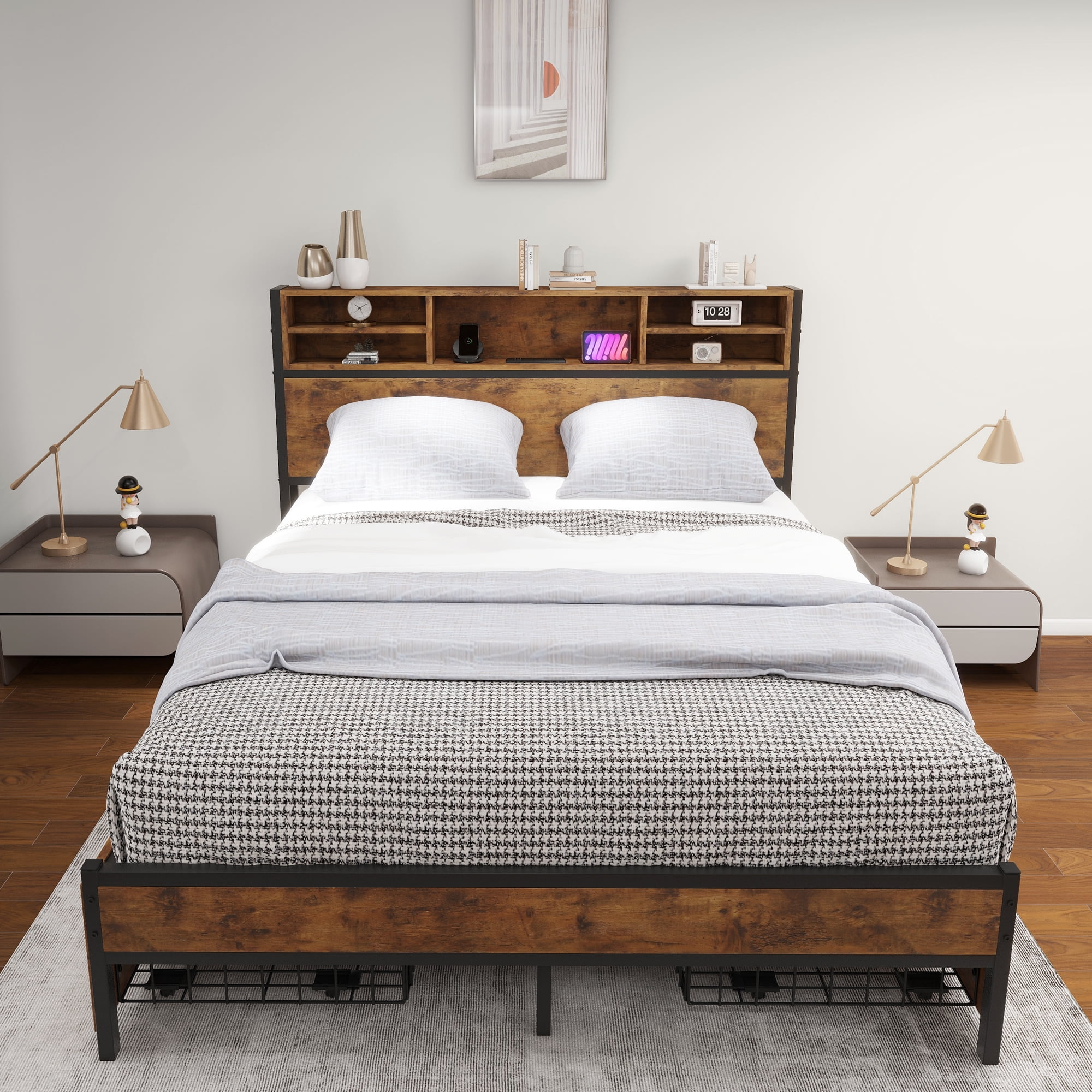 Uforic - Queen Size Bed Frame with Headboard, Metal Platform Bed with 4 Storage Drawers and Charging Station, Easy Assembly, Brown