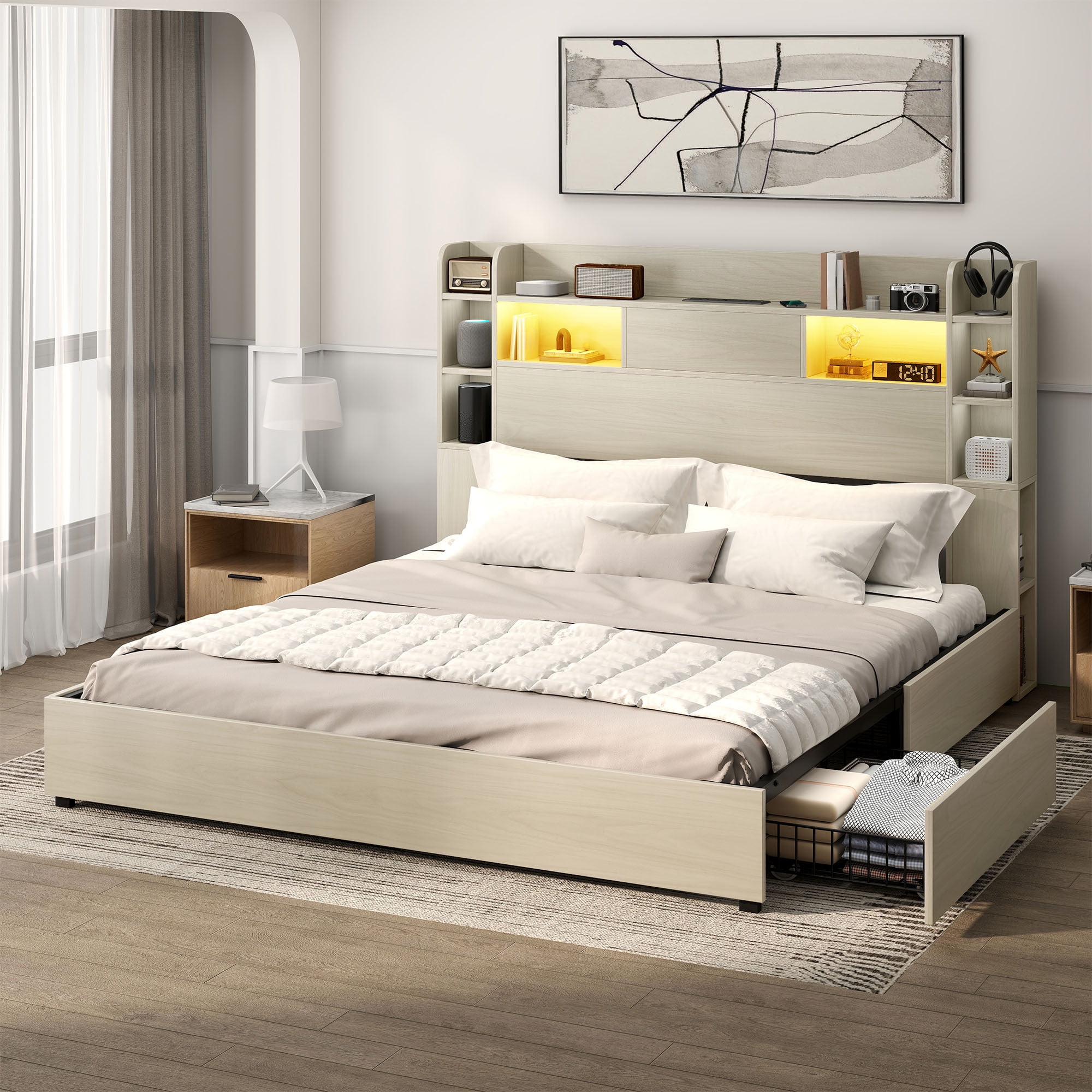Uforic Queen Size Bed Frame with LED Lights & Bookshelf Headboard, Platform Bed Frame with Charging Station & Drawers, White