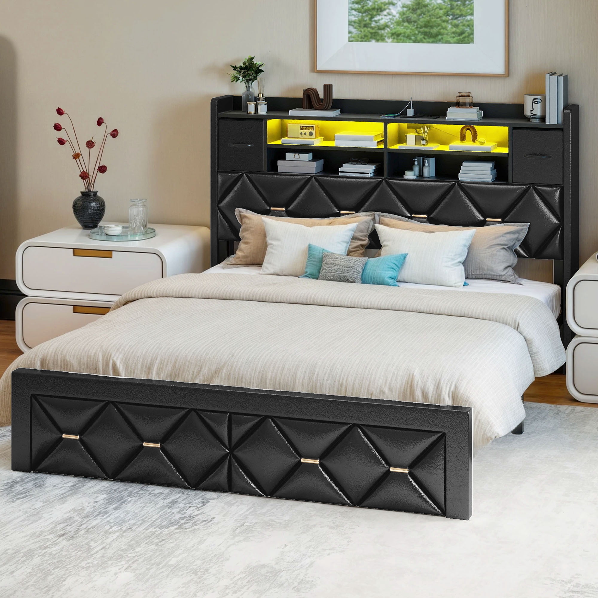 Uforic Queen Size Bed Frame with Storage & Power Outlets, PU Leather Bed Frame with LED Lights, Black