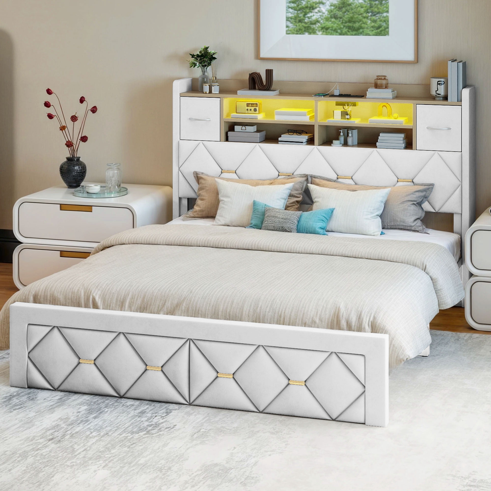Uforic Queen Size Bed Frame with Storage & Power Outlets, PU Leather Bed Frame with LED Lights, White