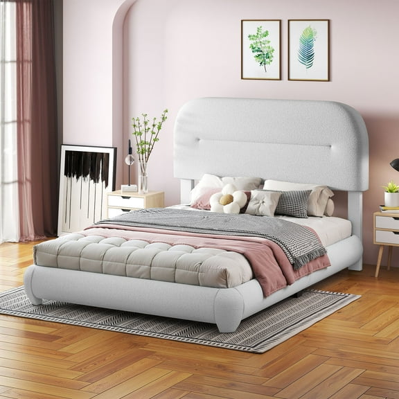 Uforic Queen Size Boucle Bed Frame with Adjustable Headboard & Rounded Edges, No Box Spring Needed, White
