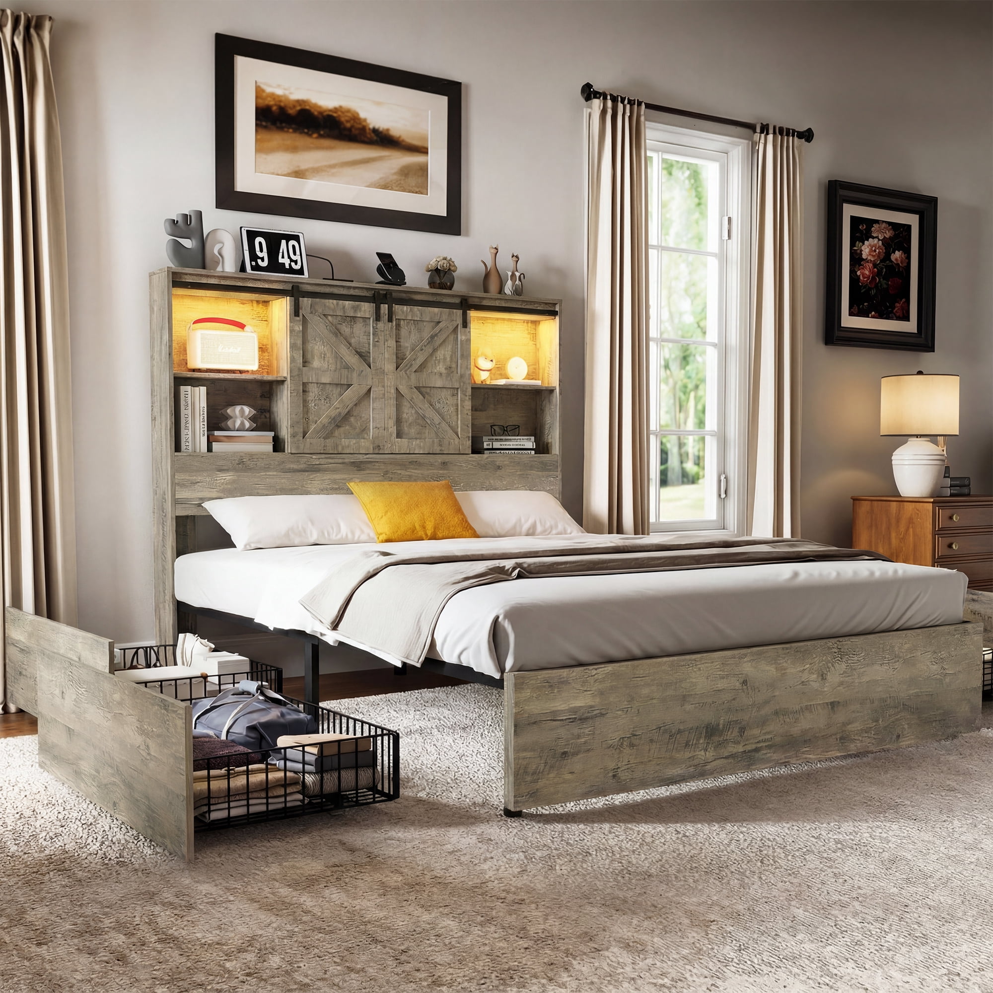 Uforic Queen Size Farmhouse Platform Bed Frame with Sliding Barn Door, 4 Wheeled Underbed Storage Drawers, No Box Spring Required, Antique Grey