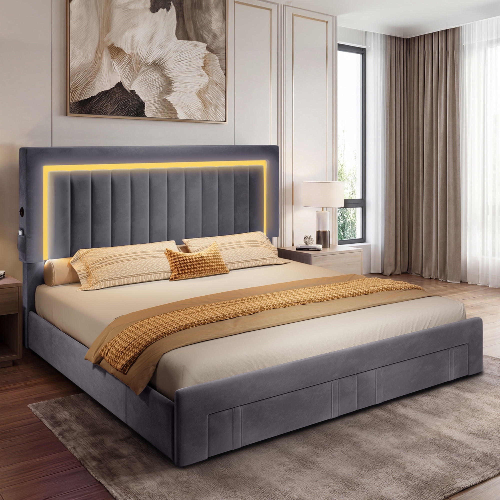 Uforic Queen Size Gray Velvet Upholstered Platform Bed Frame with RGB LED Lights, 4 Storage Drawers & USB Ports