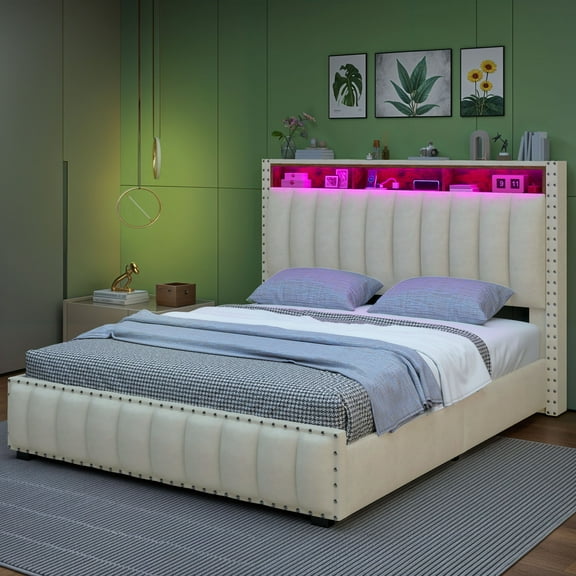 Uforic Queen Size Lift Up Bed Frame with LED Lights & Power Outlets, Storage Bed with Upholstered Headboard, Beige