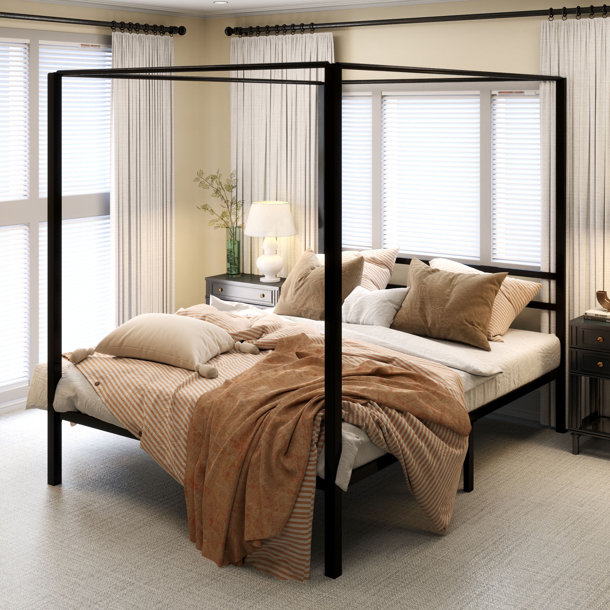 Uforic Queen Size Metal Canopy Bed Frame with Headboard, Four-Poster Platform with Sturdy Metal Slats, Requires No Box Spring, Black