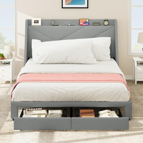 Uforic Queen Size Platform Bed with Charging Ports and Storage Drawers, Requires No Box Spring, Perfect for Adult