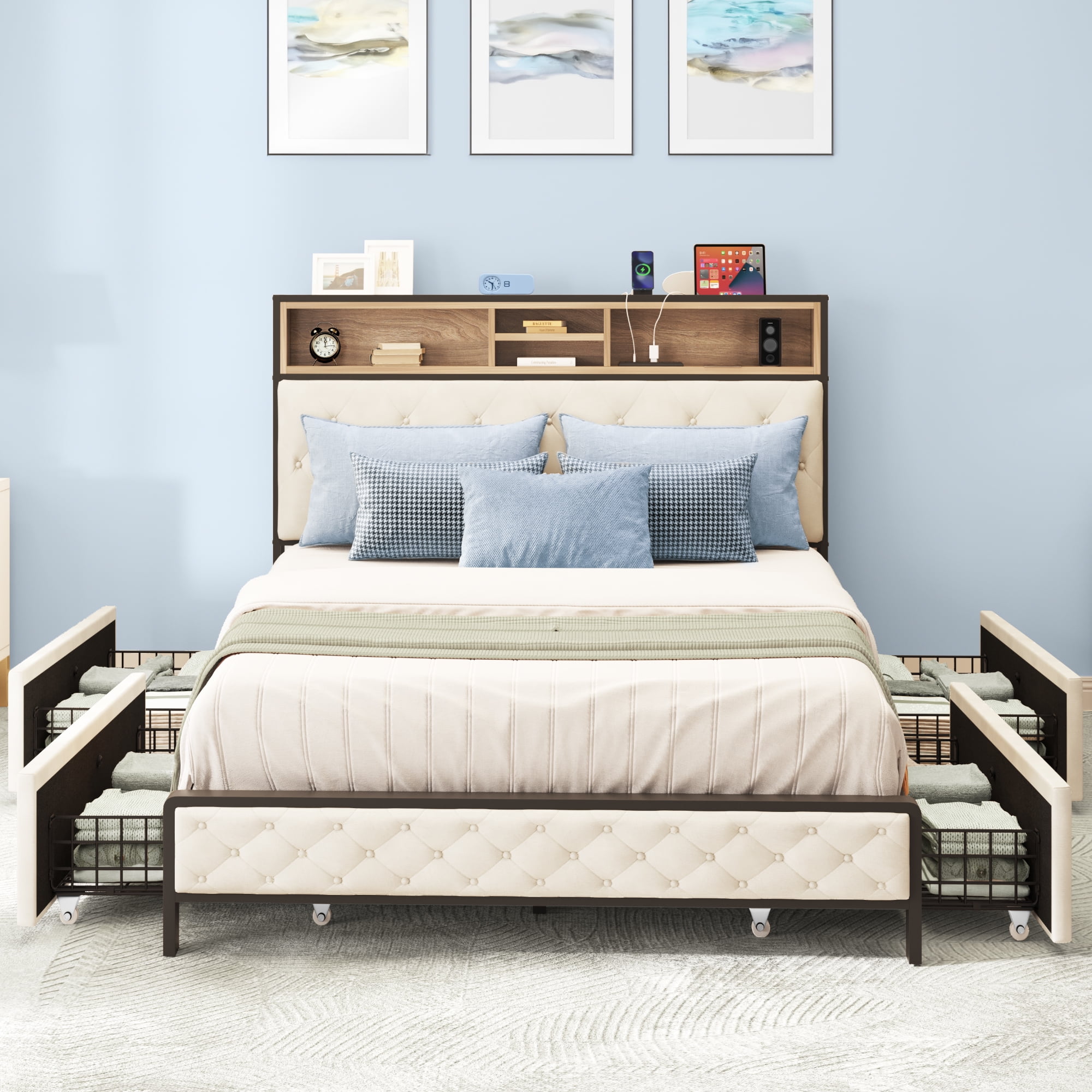 Uforic Queen Size Storage Bed Frame with Bookcase Headboard, Builtin