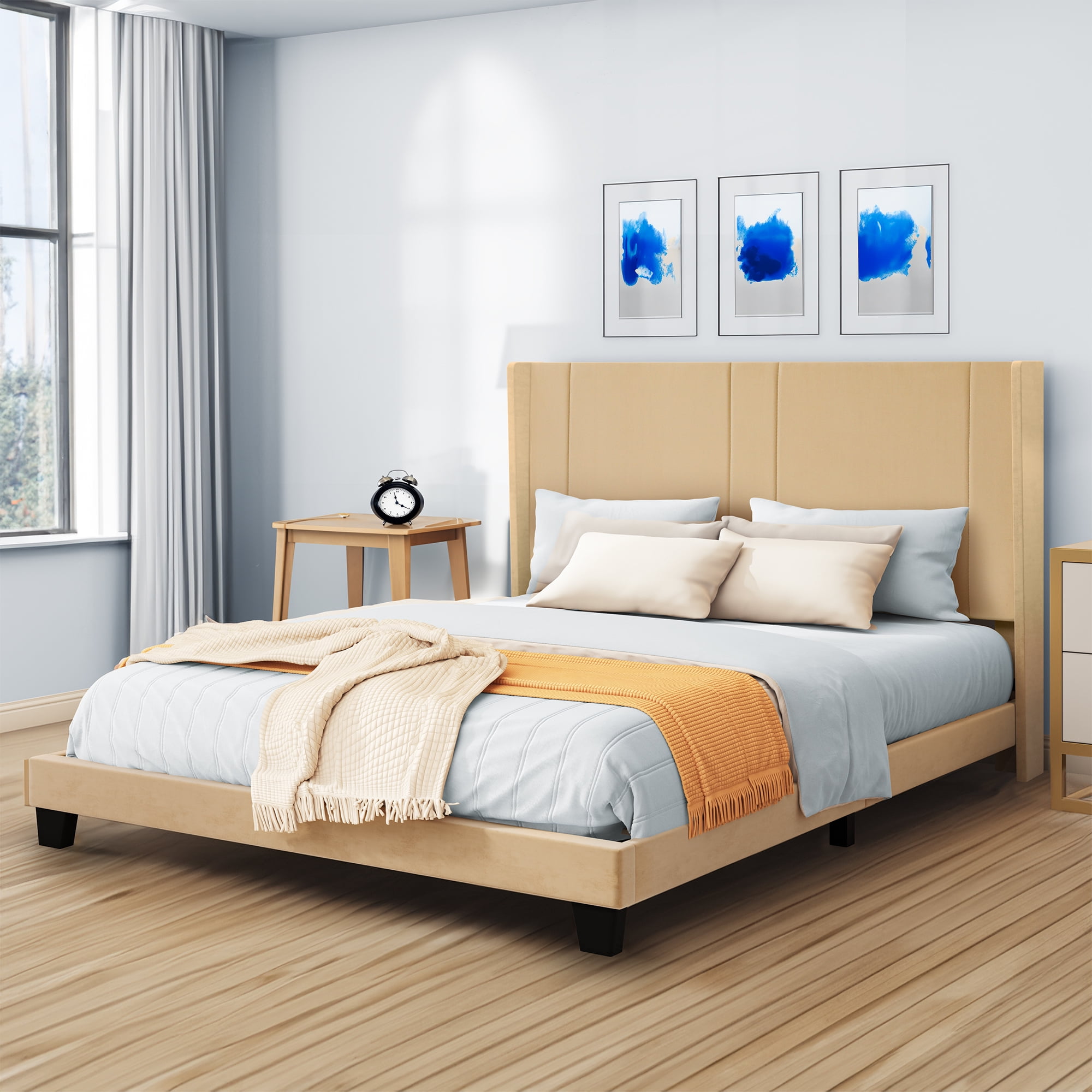 Uforic Queen Size Upholstered Bed Frame with Beige Velvet Headboard and Wingback, Strong Wood Slats Support Mattress Foundation, No Box Spring Needed, Perfect for Adult, Beige